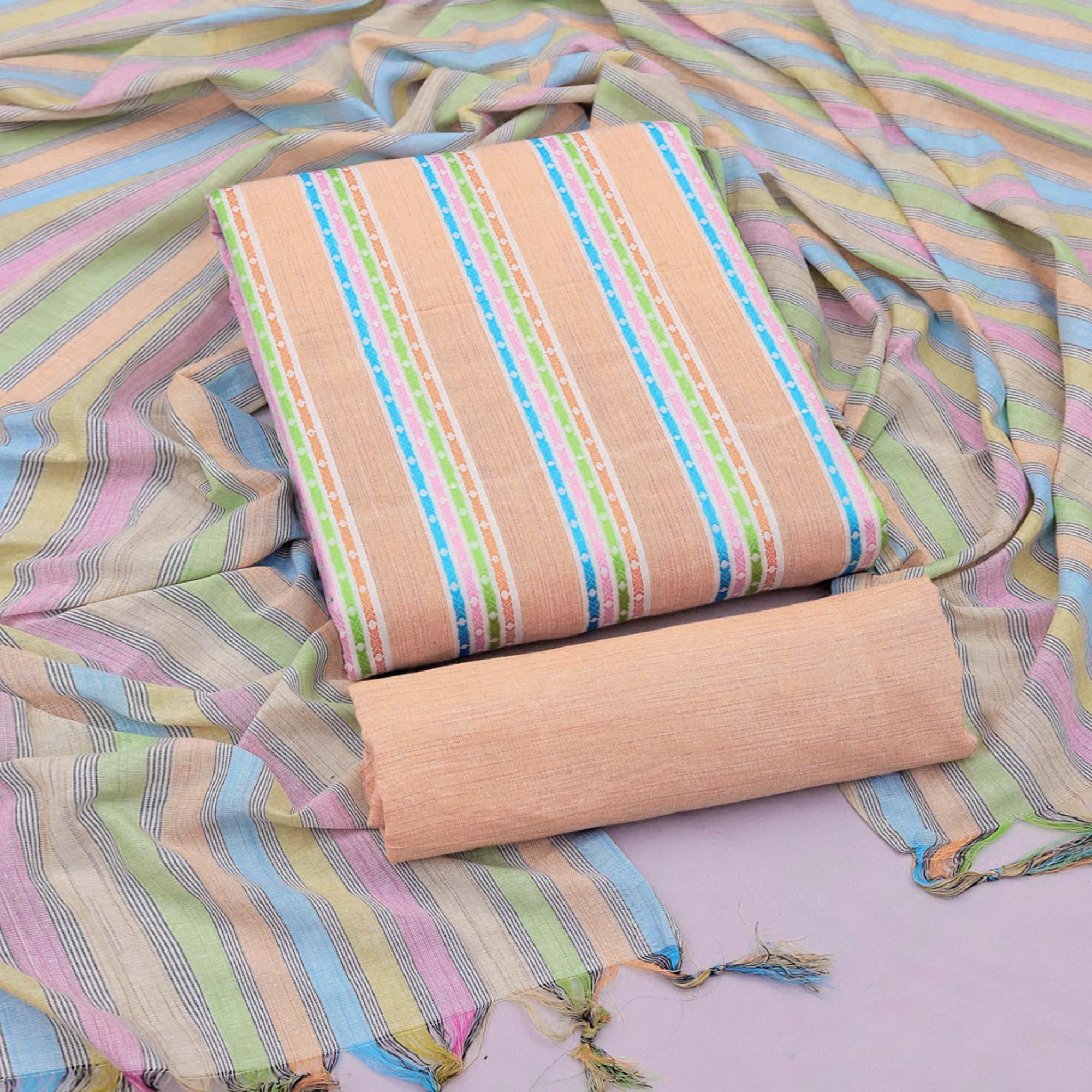 Peach Stripes Printed Cotton Blend Dress Material - Peachmode