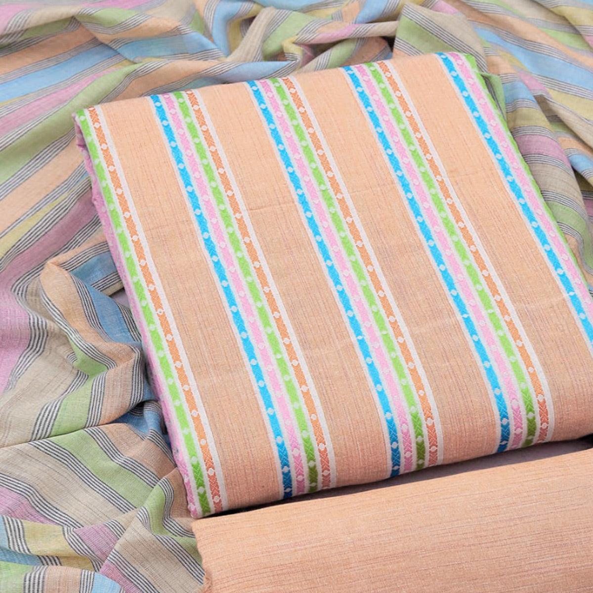 Peach Stripes Printed Cotton Blend Dress Material - Peachmode