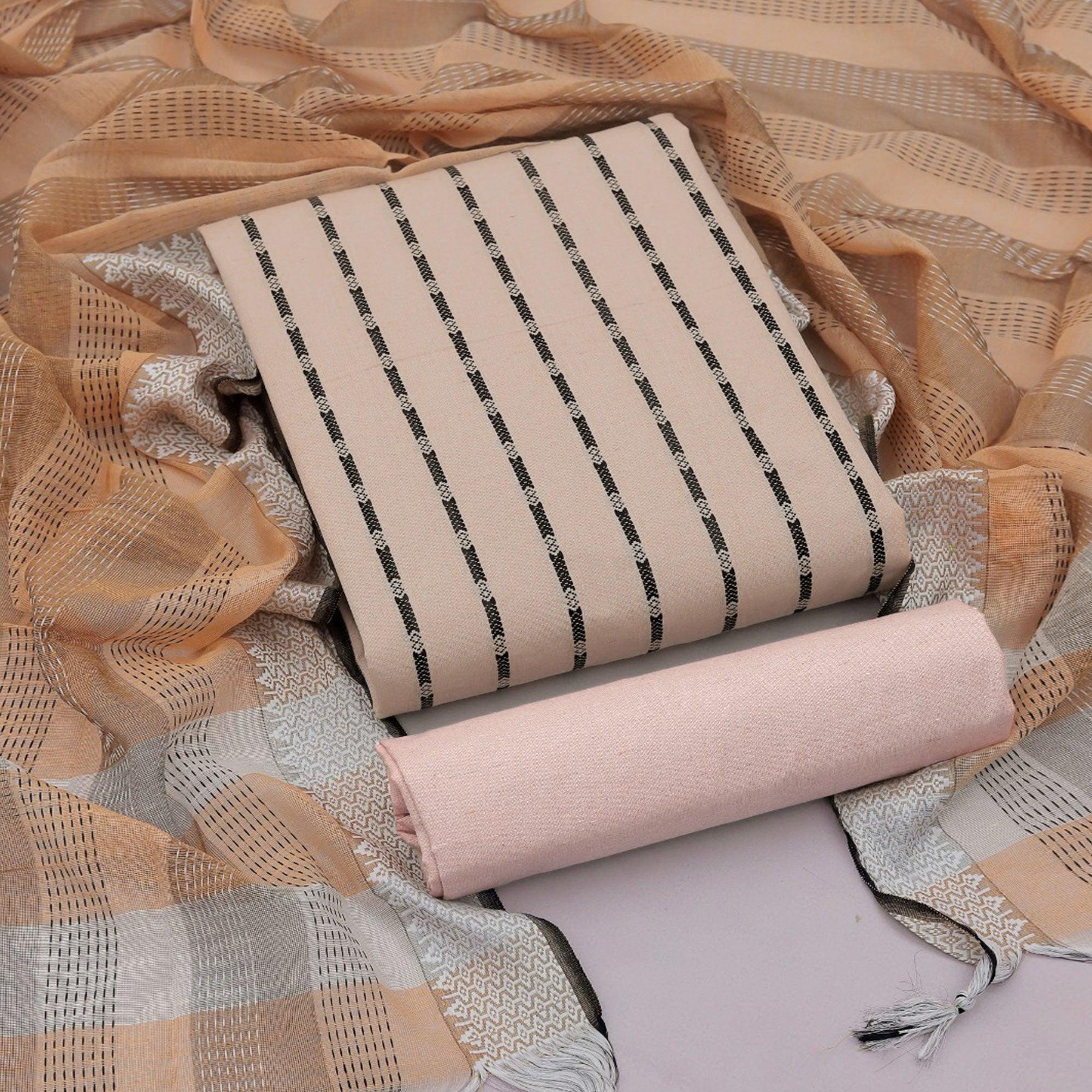 Peach Stripes Printed Poly Cotton Dress Material - Peachmode