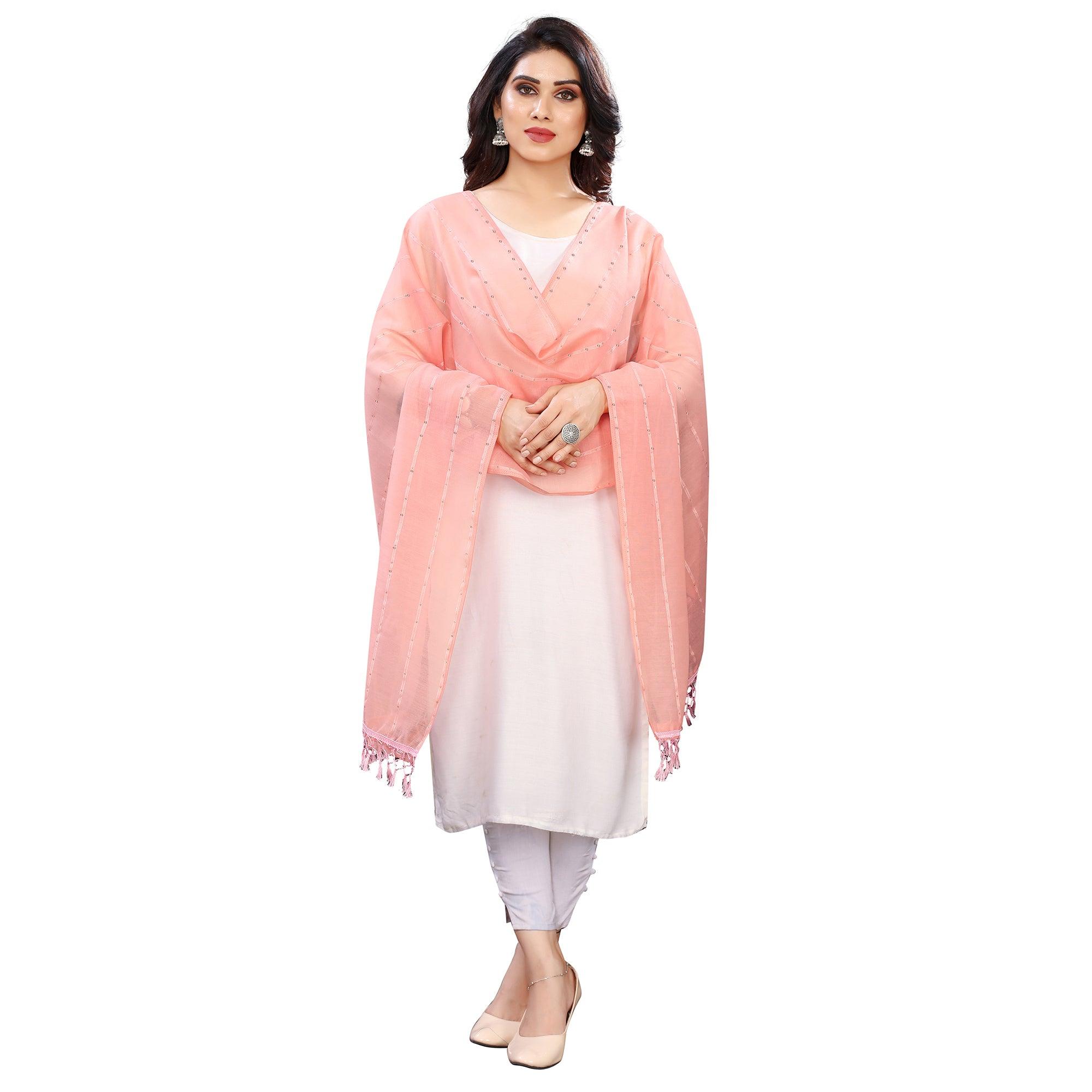 Peach Stripes Woven Sequence Festive Wear Cotton Silk Dupatta - Peachmode