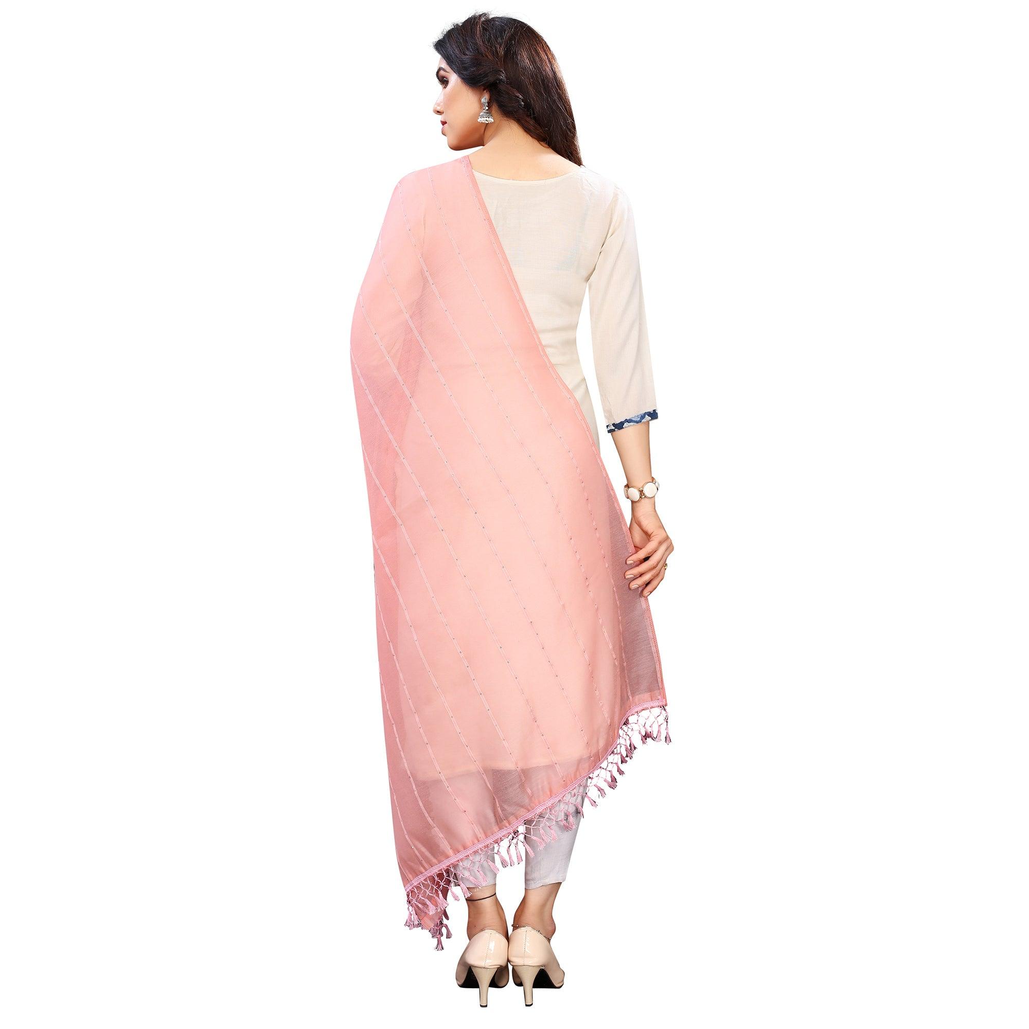 Peach Stripes Woven Sequence Festive Wear Cotton Silk Dupatta - Peachmode