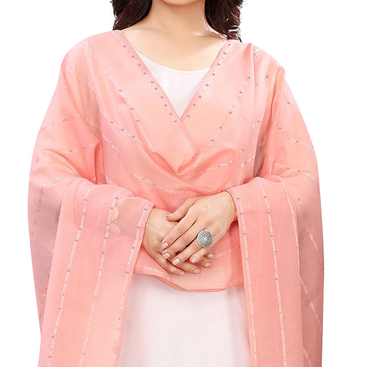 Peach Stripes Woven Sequence Festive Wear Cotton Silk Dupatta - Peachmode