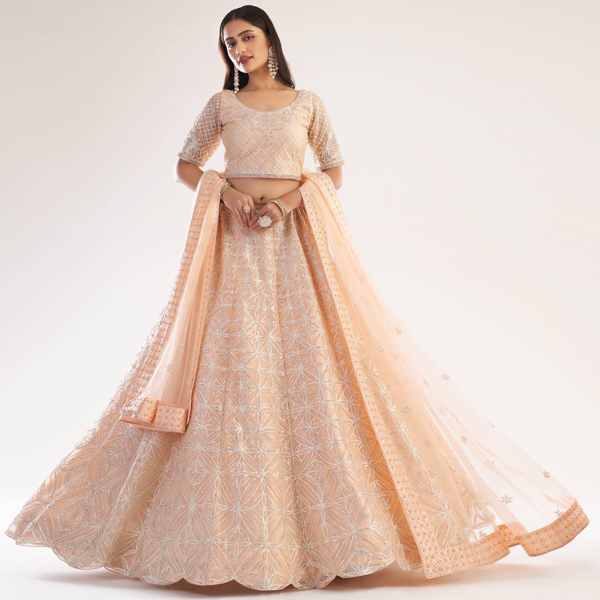 Peach Wedding Wear Embellished Heavy Butterfly Net Lehenga Choli - Peachmode