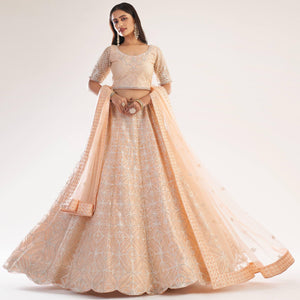 Peach Wedding Wear Embellished Heavy Butterfly Net Lehenga Choli - Peachmode