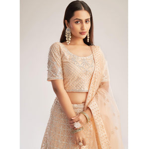 Peach Wedding Wear Embellished Heavy Butterfly Net Lehenga Choli - Peachmode