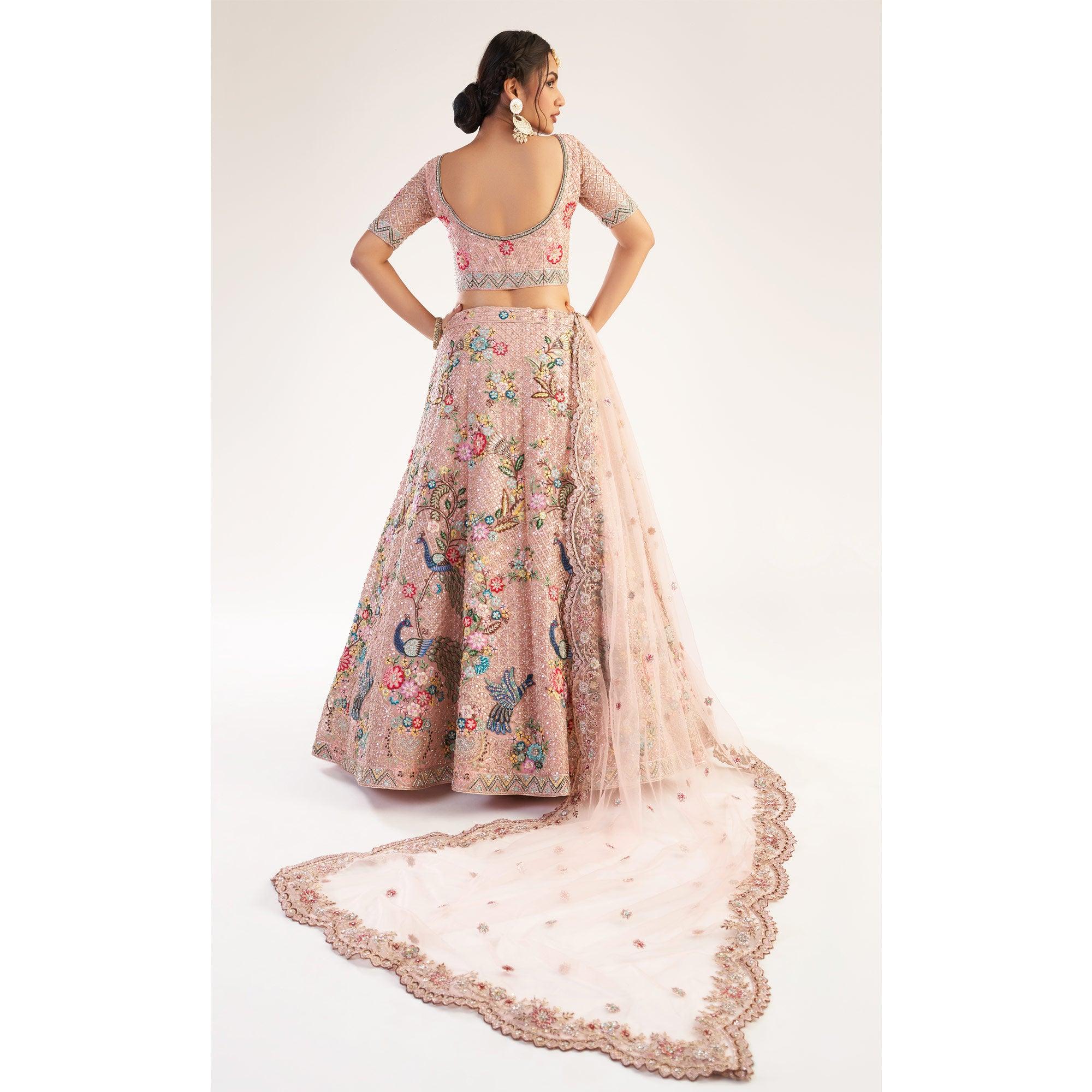 Peach Wedding Wear Embellished Heavy Butterfly Net Lehenga Choli - Peachmode