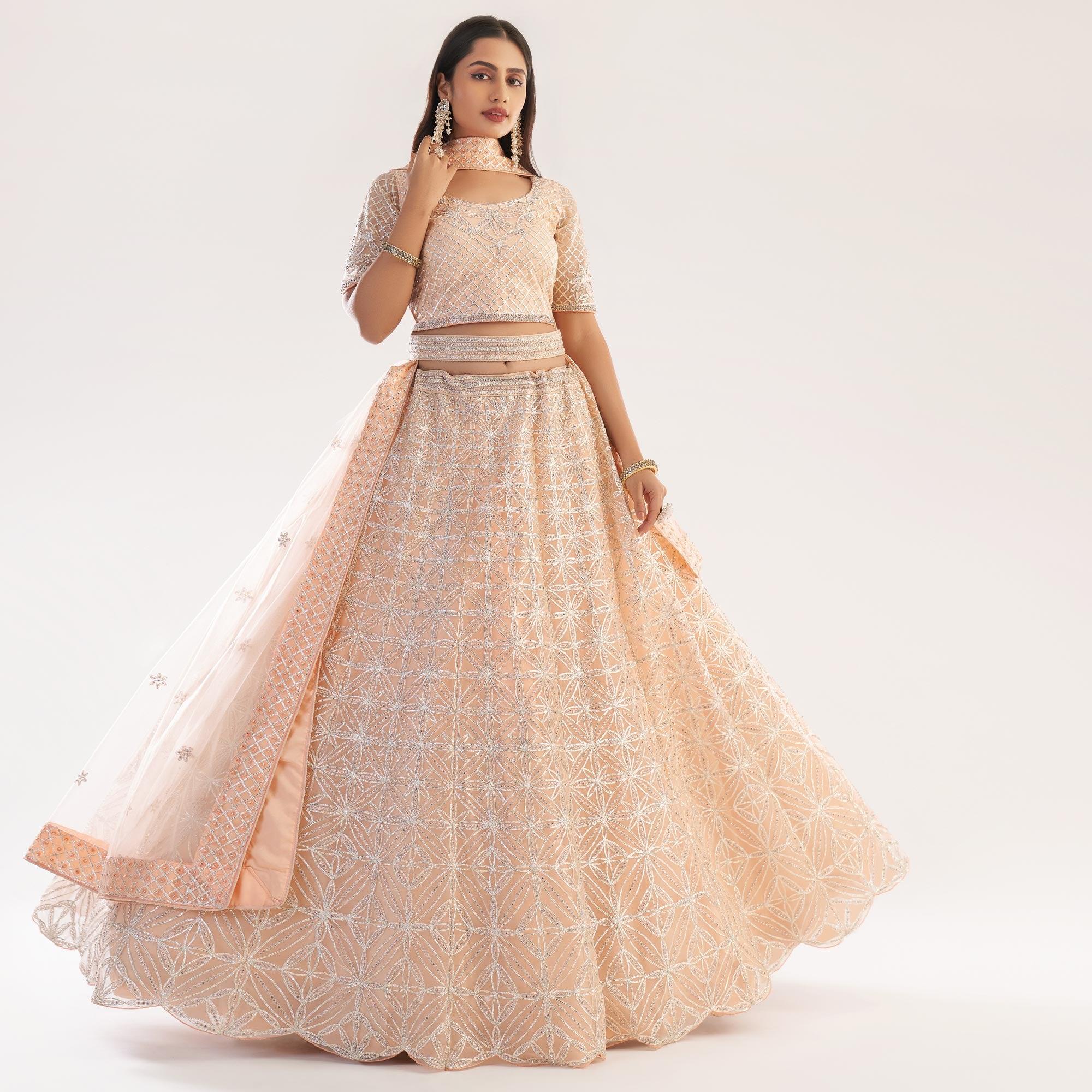 Peach Wedding Wear Embellished Heavy Butterfly Net Lehenga Choli - Peachmode