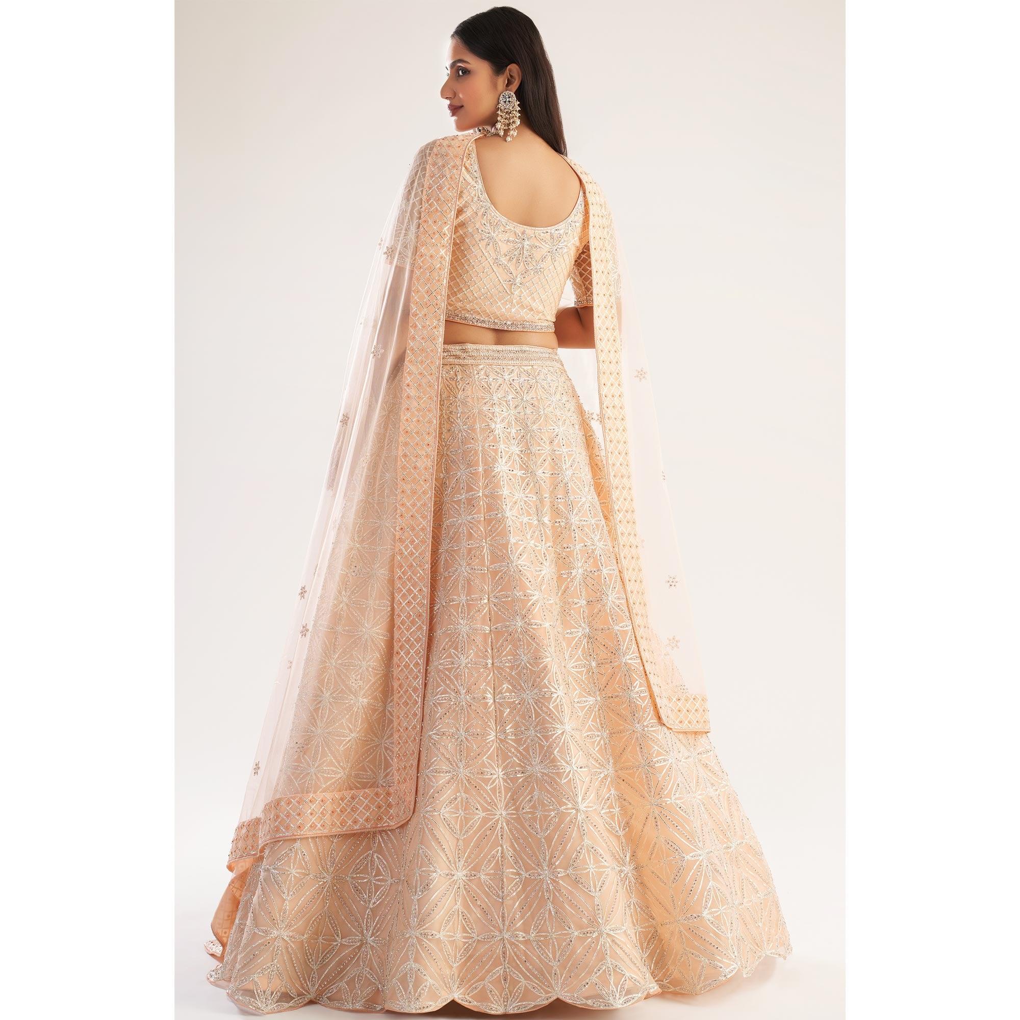 Peach Wedding Wear Embellished Heavy Butterfly Net Lehenga Choli - Peachmode