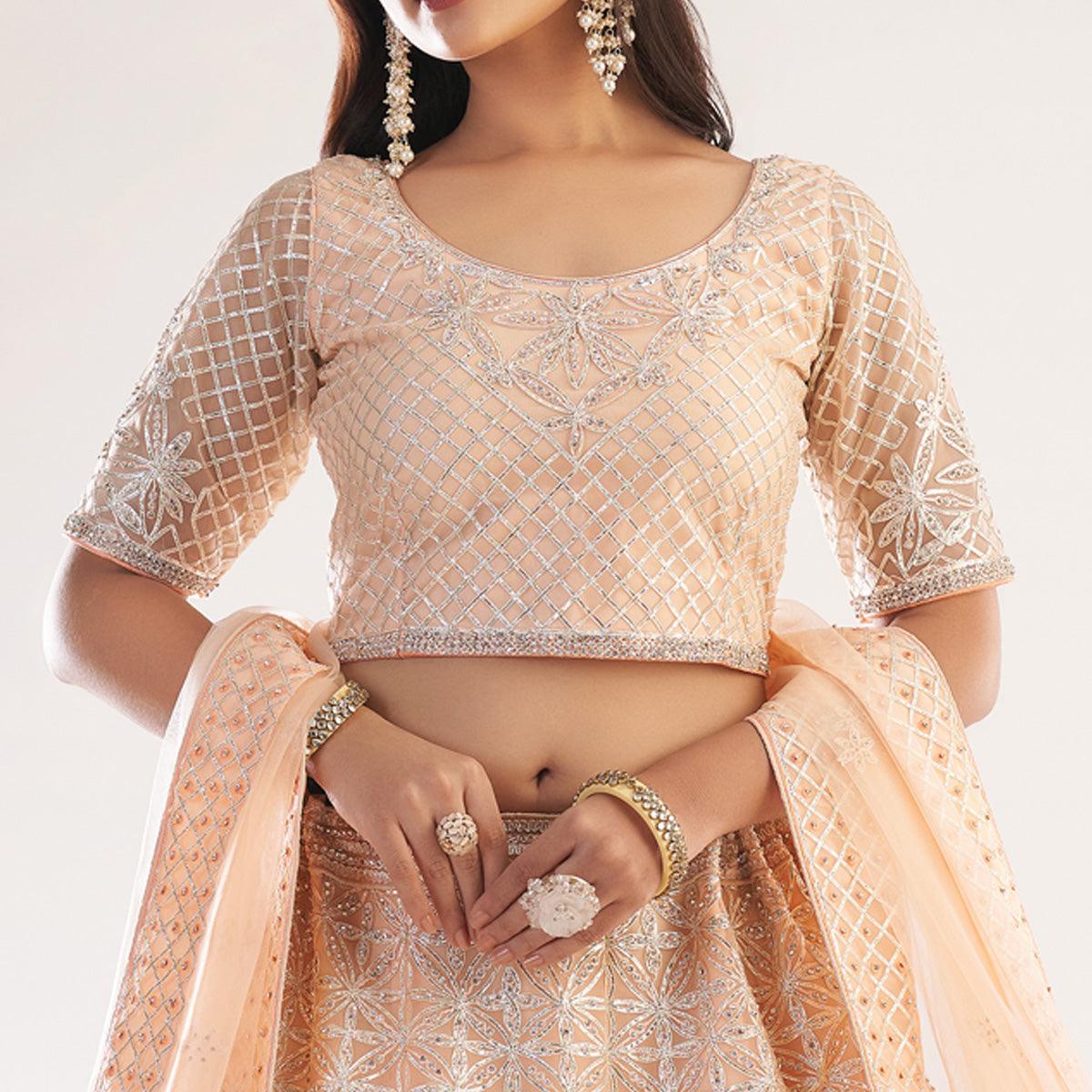 Peach Wedding Wear Embellished Heavy Butterfly Net Lehenga Choli - Peachmode