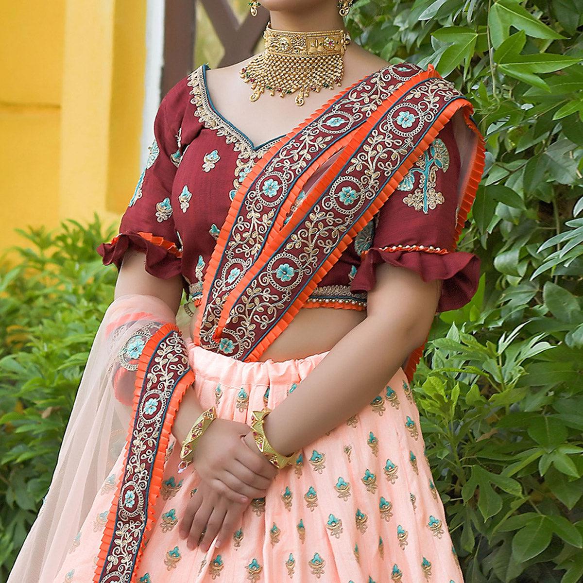 Peach Wedding Wear Floral Embroidery & Resham Work Silk Lehenga Choli - Peachmode