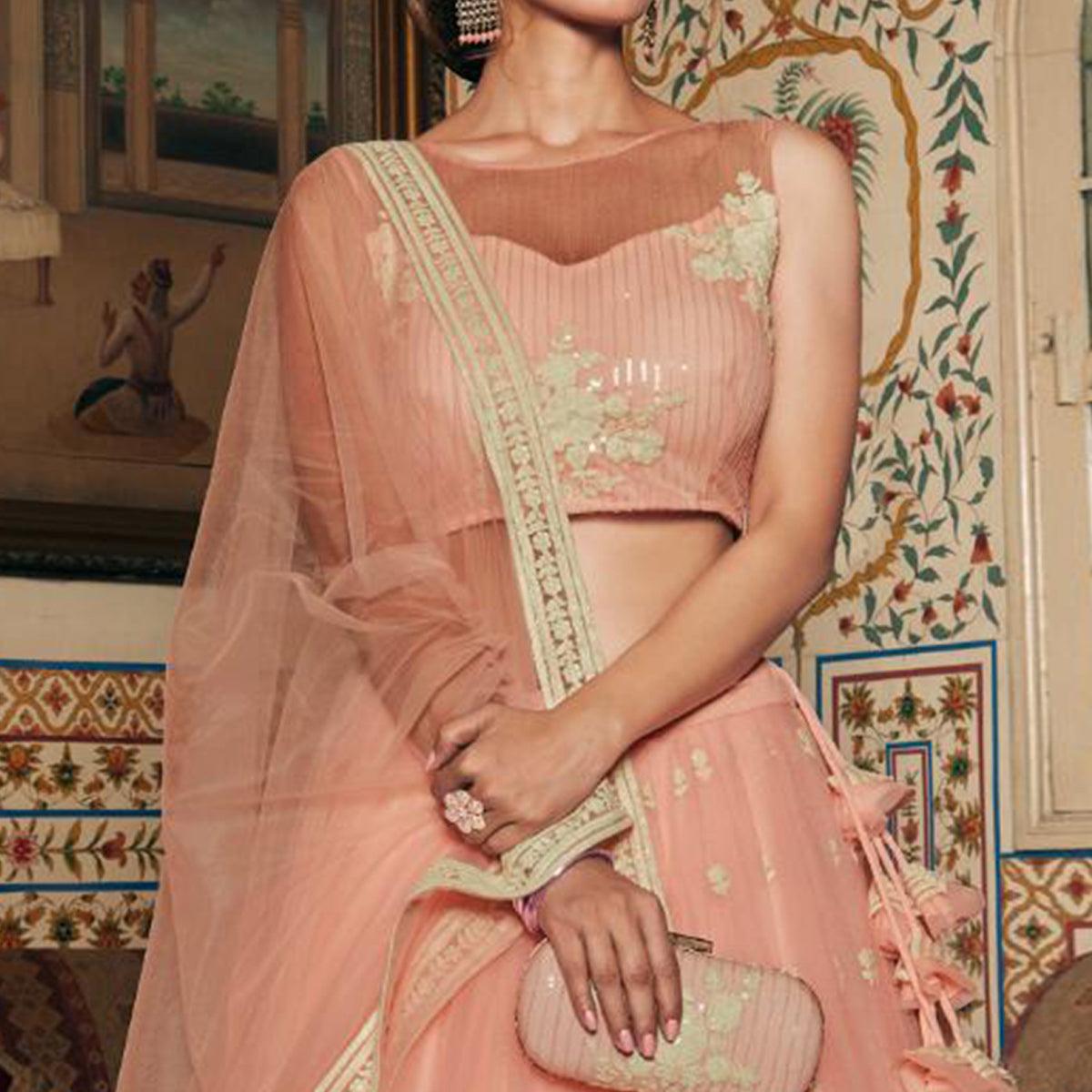 Peach Wedding Wear Floral Embroidery With Sequence And Dori Work Net Lehenga Choli - Peachmode