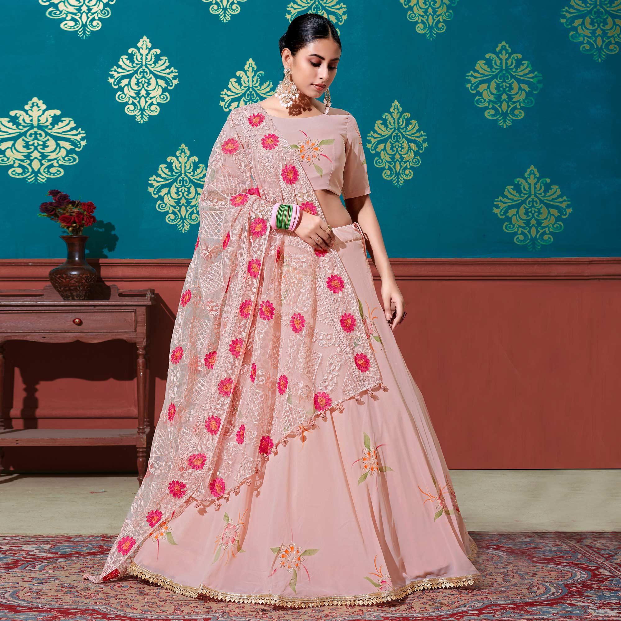 Peach Wedding Wear Pigment Foil Printed Work Georgette Lehenga Choli - Peachmode