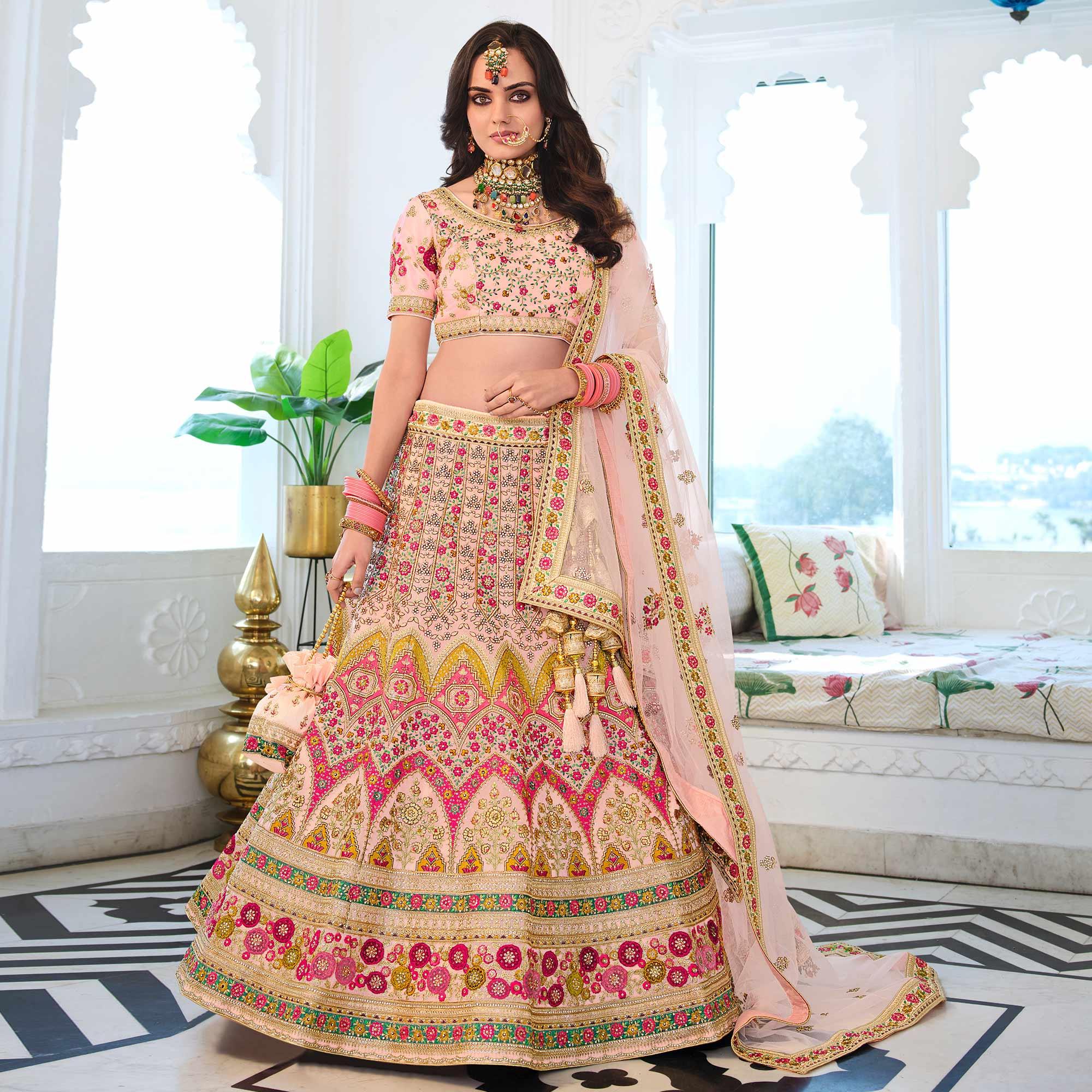 Peach Wedding Wear Sequence Floral Embroidered Organza Lehenga Choli - Peachmode