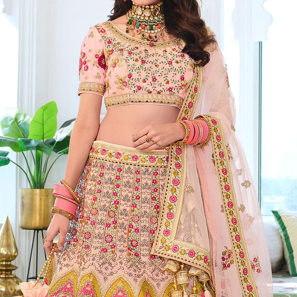 Peach Wedding Wear Sequence Floral Embroidered Organza Lehenga Choli - Peachmode