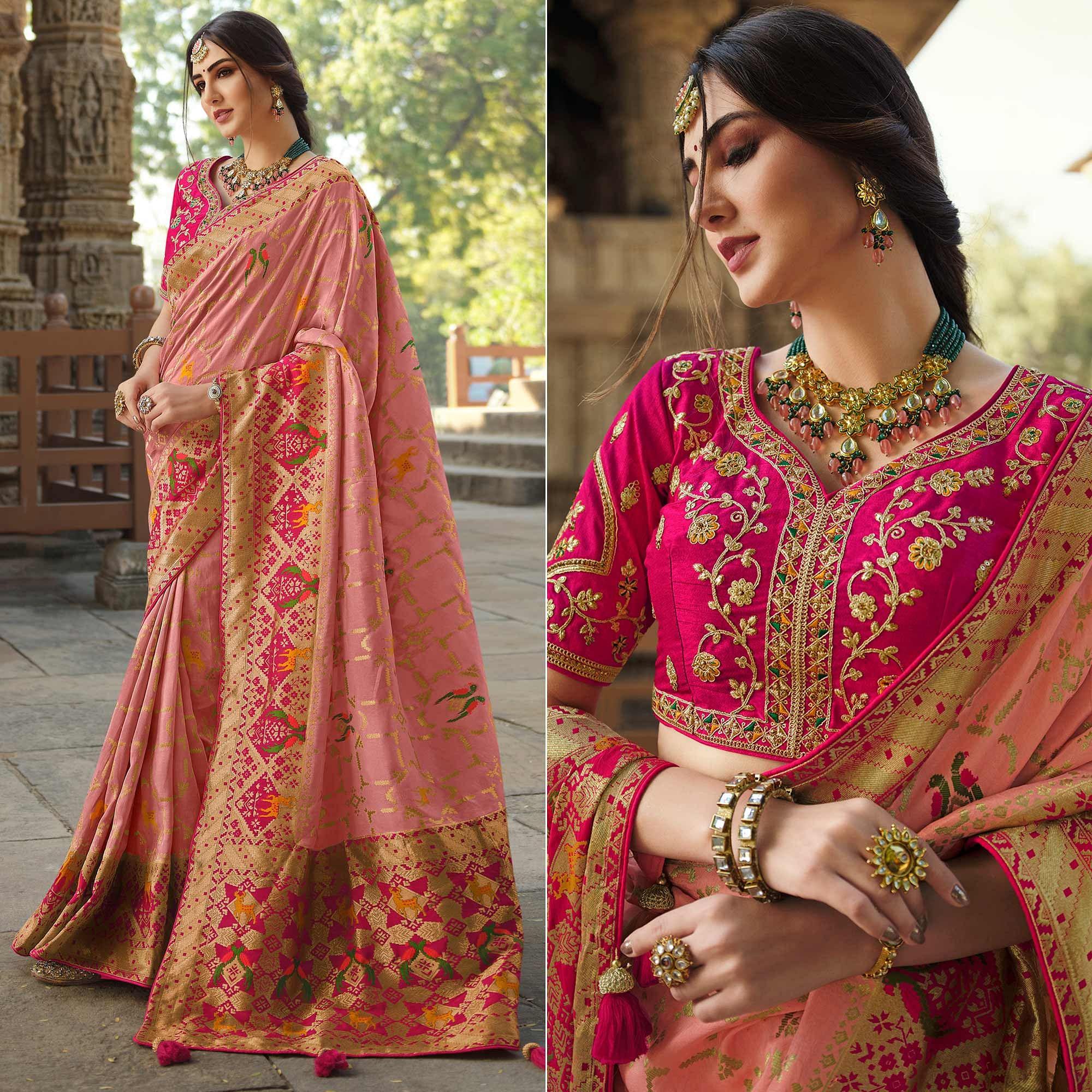 Peach Wedding Wear Woven Silk Saree With Tassels - Peachmode