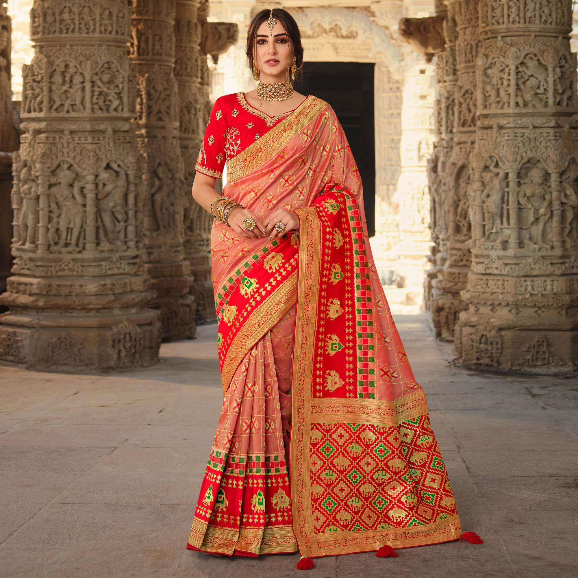 Peach Wedding Wear Woven Silk Saree With Tassels - Peachmode