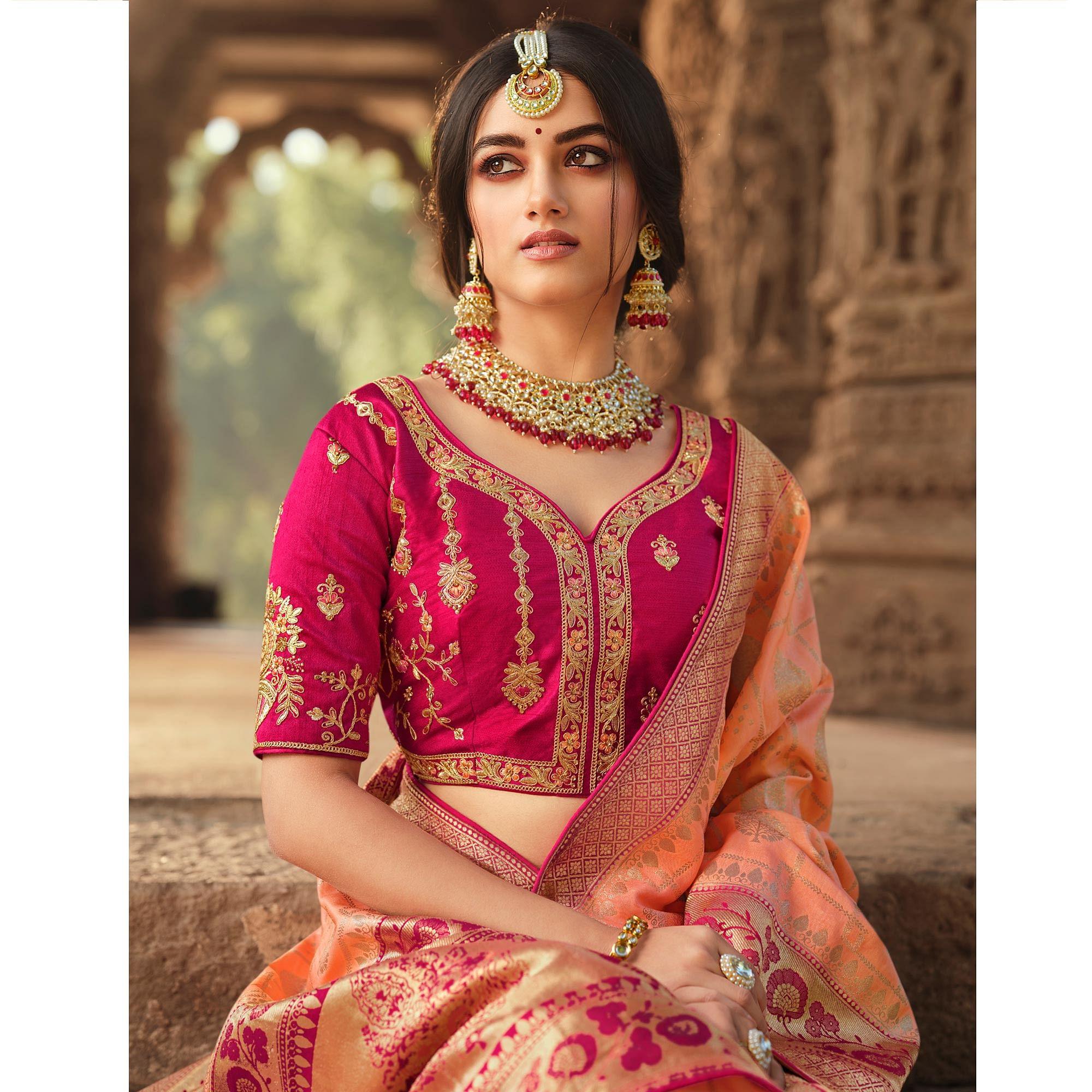 Peach Wedding Wear Woven Silk Saree With Tassels - Peachmode