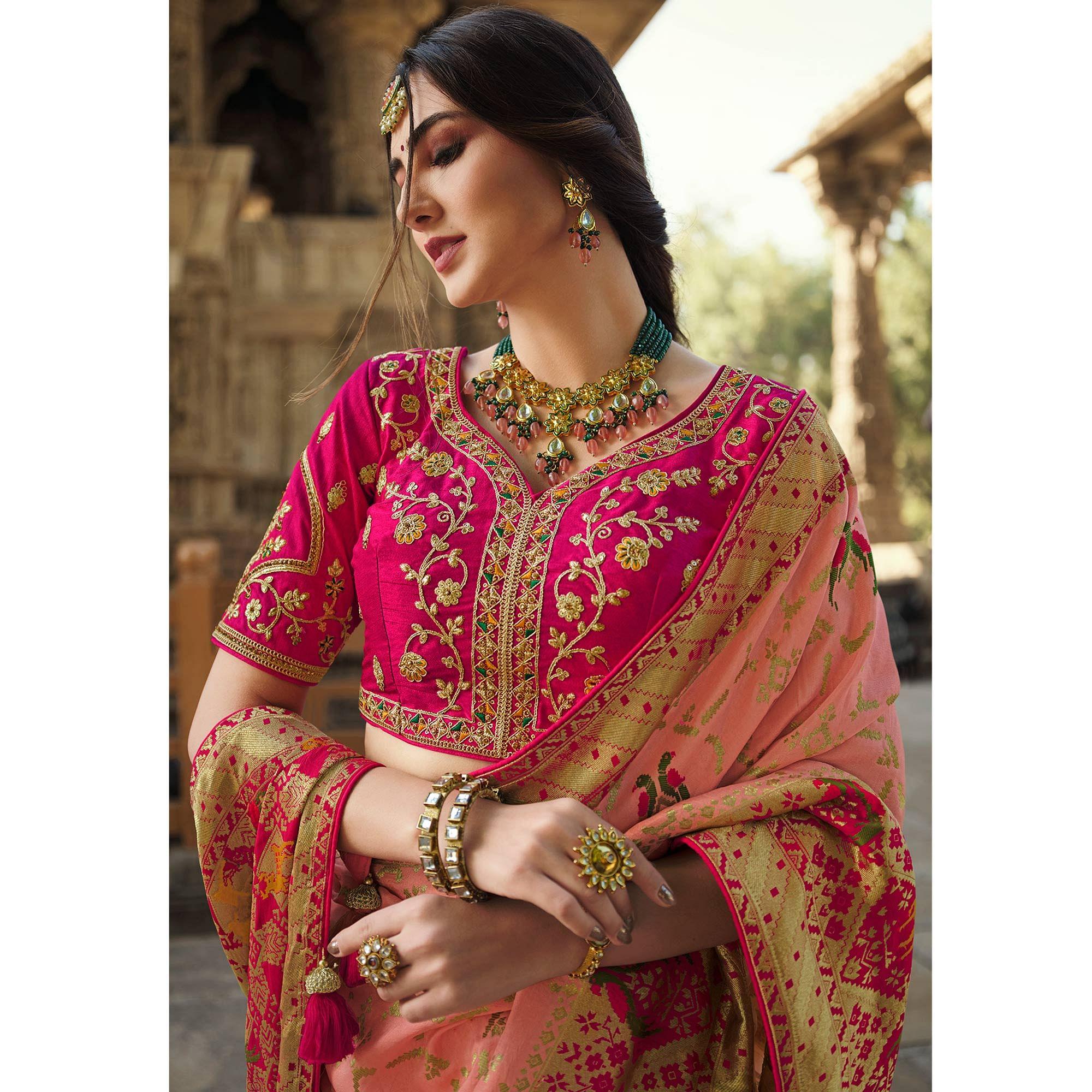 Peach Wedding Wear Woven Silk Saree With Tassels - Peachmode