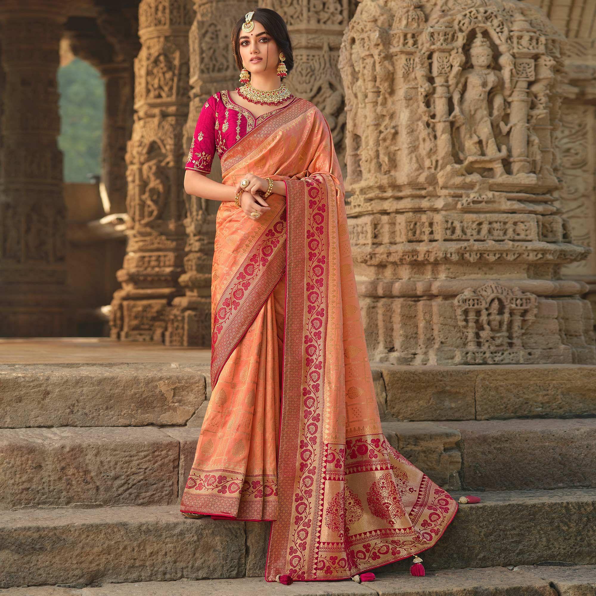 Peach Wedding Wear Woven Silk Saree With Tassels - Peachmode