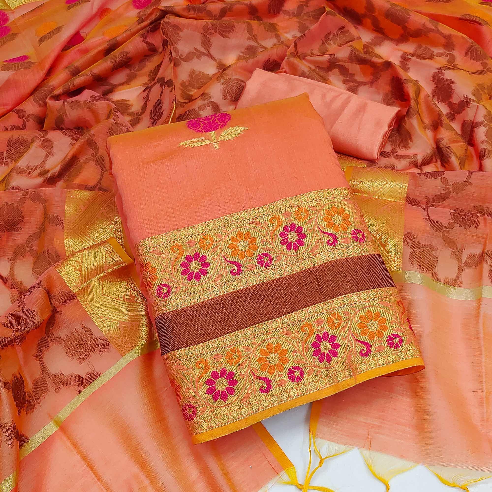 Peach Woven Banarasi Jacqaurd Dress Material - Peachmode