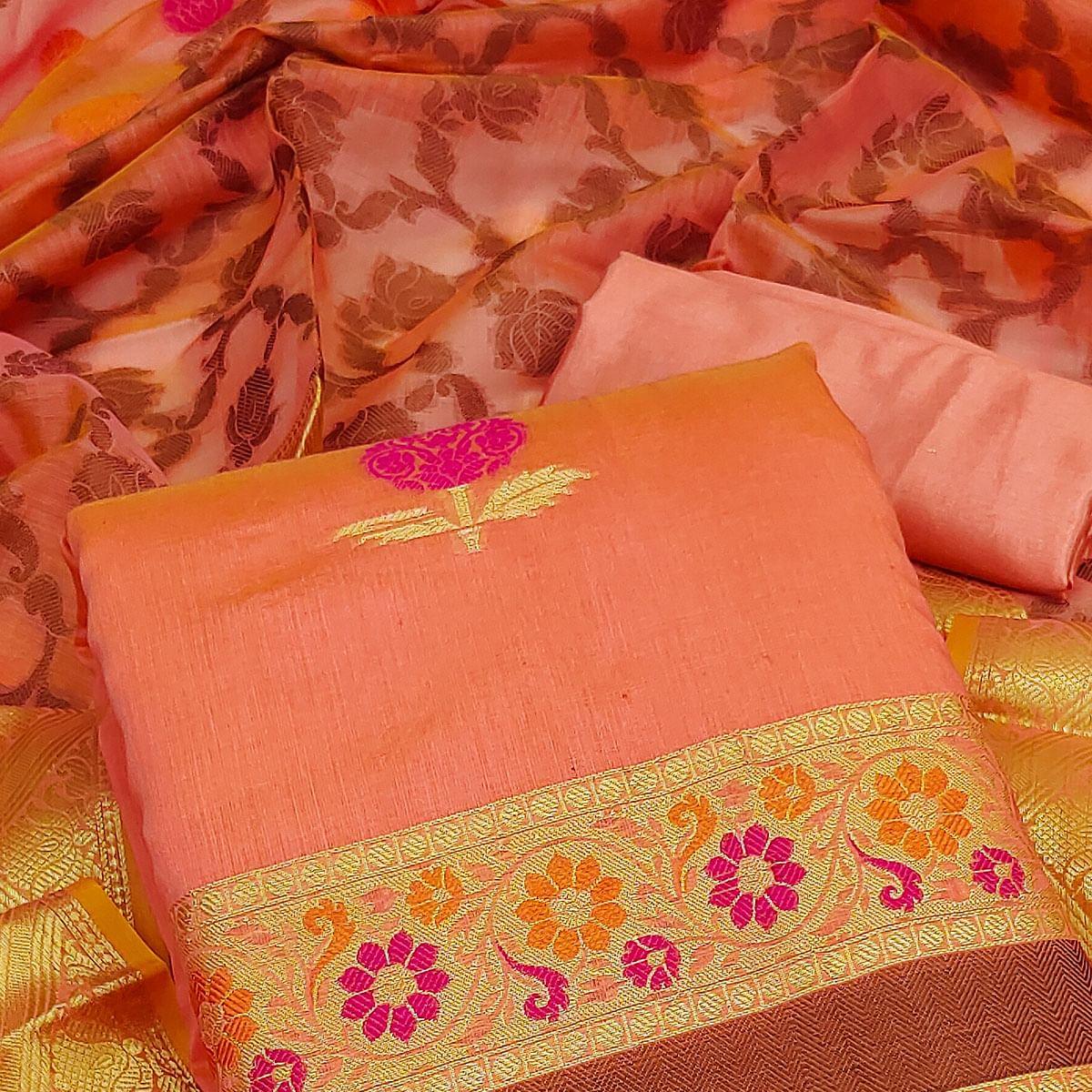 Peach Woven Banarasi Jacqaurd Dress Material - Peachmode