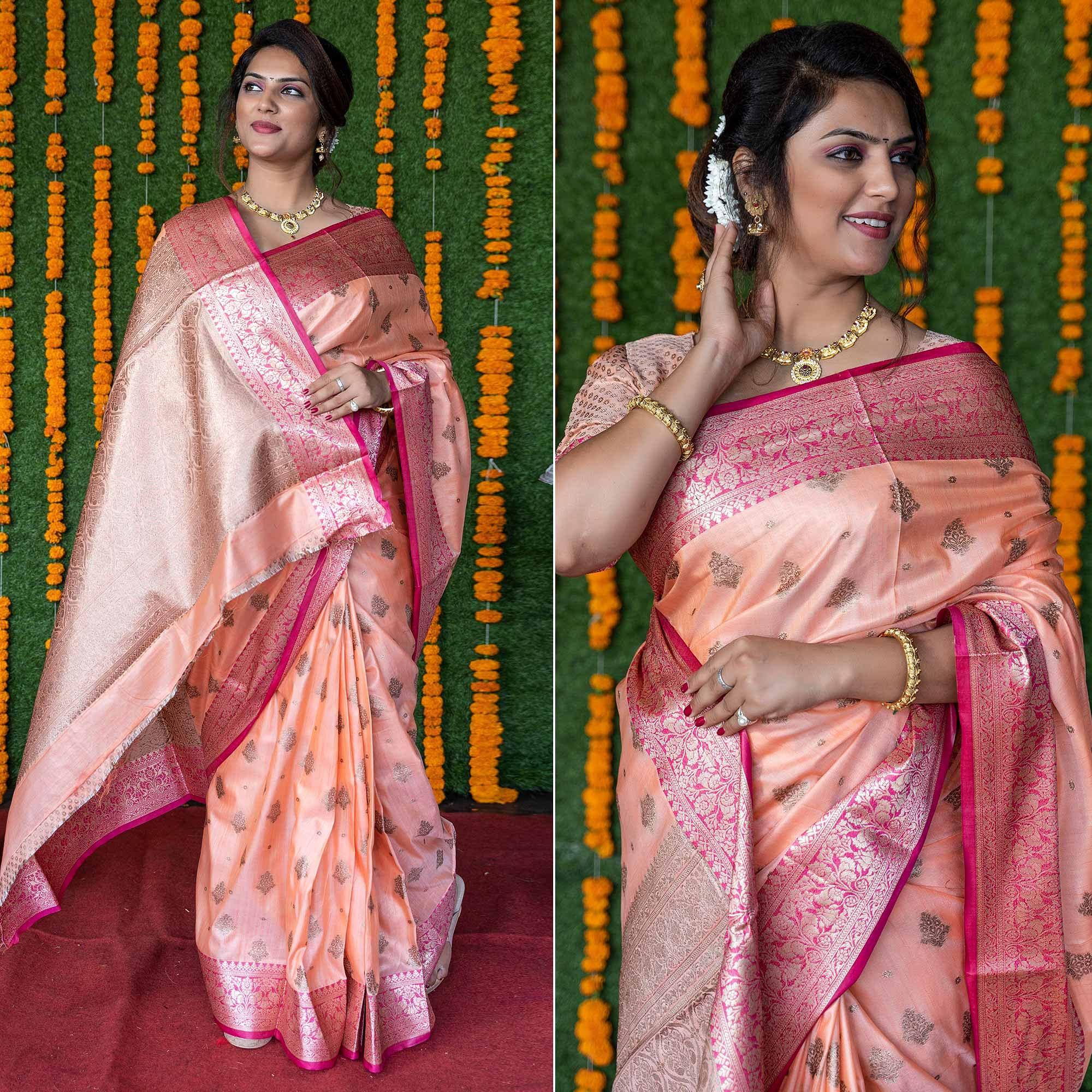 Peach Woven Banarasi Silk Saree - Peachmode