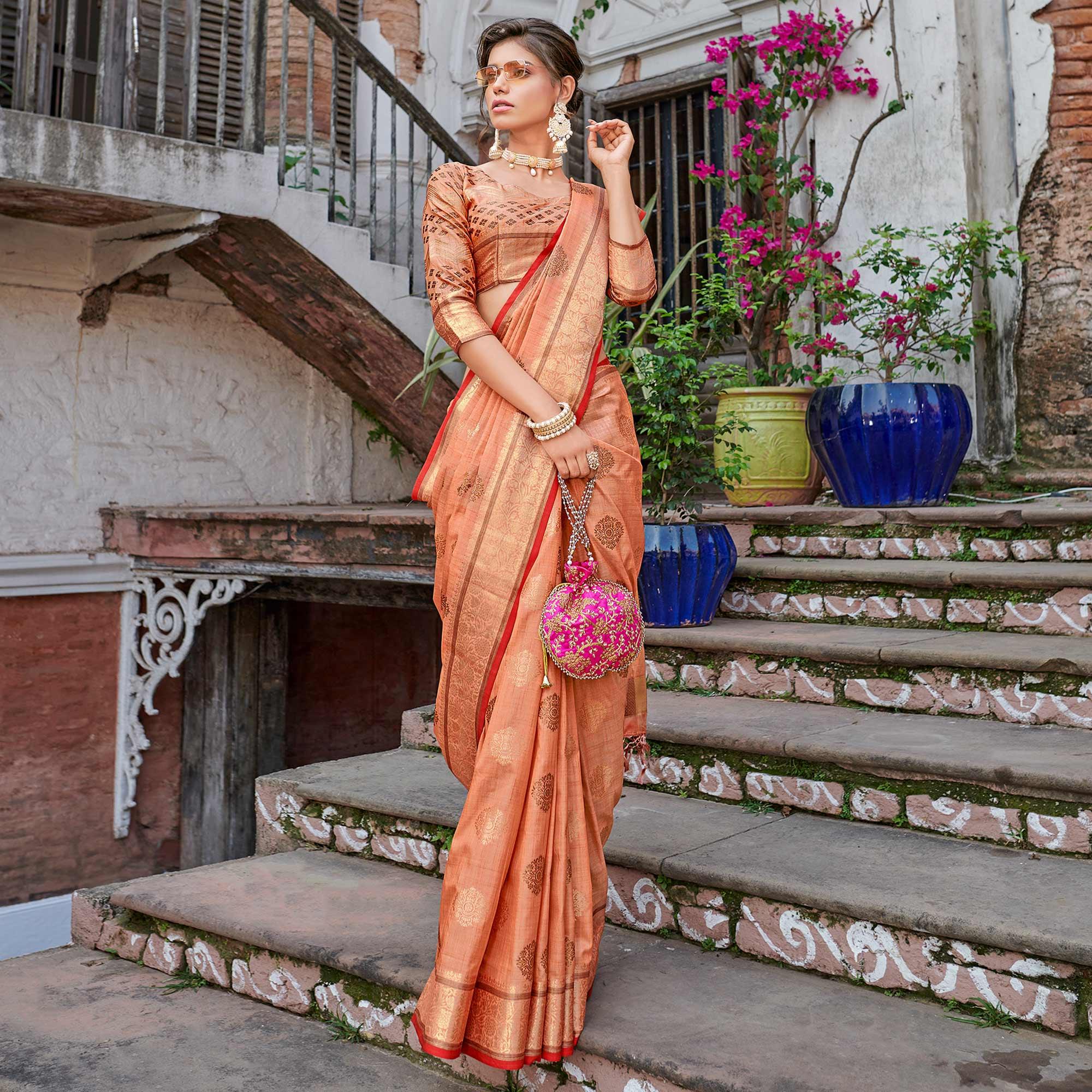 Peach Woven Banarasi Silk Saree - Peachmode