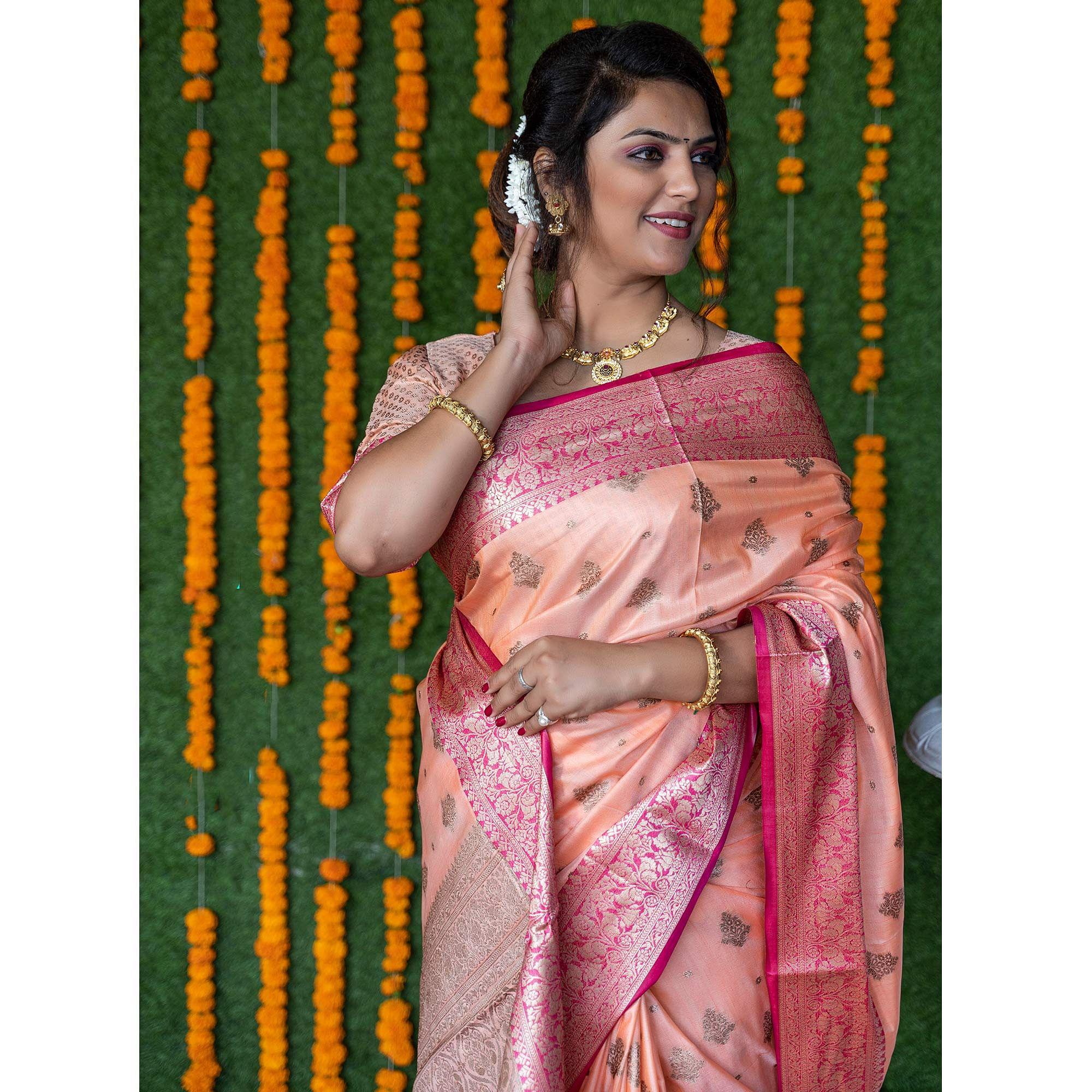 Peach Woven Banarasi Silk Saree - Peachmode