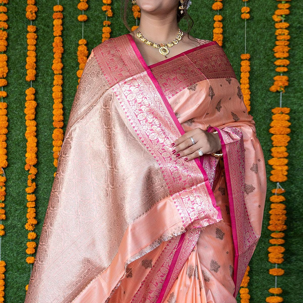 Peach Woven Banarasi Silk Saree - Peachmode