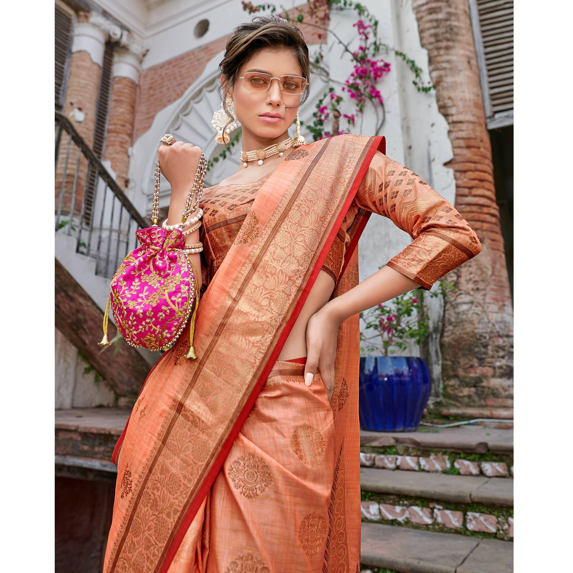 Peach Woven Banarasi Silk Saree - Peachmode
