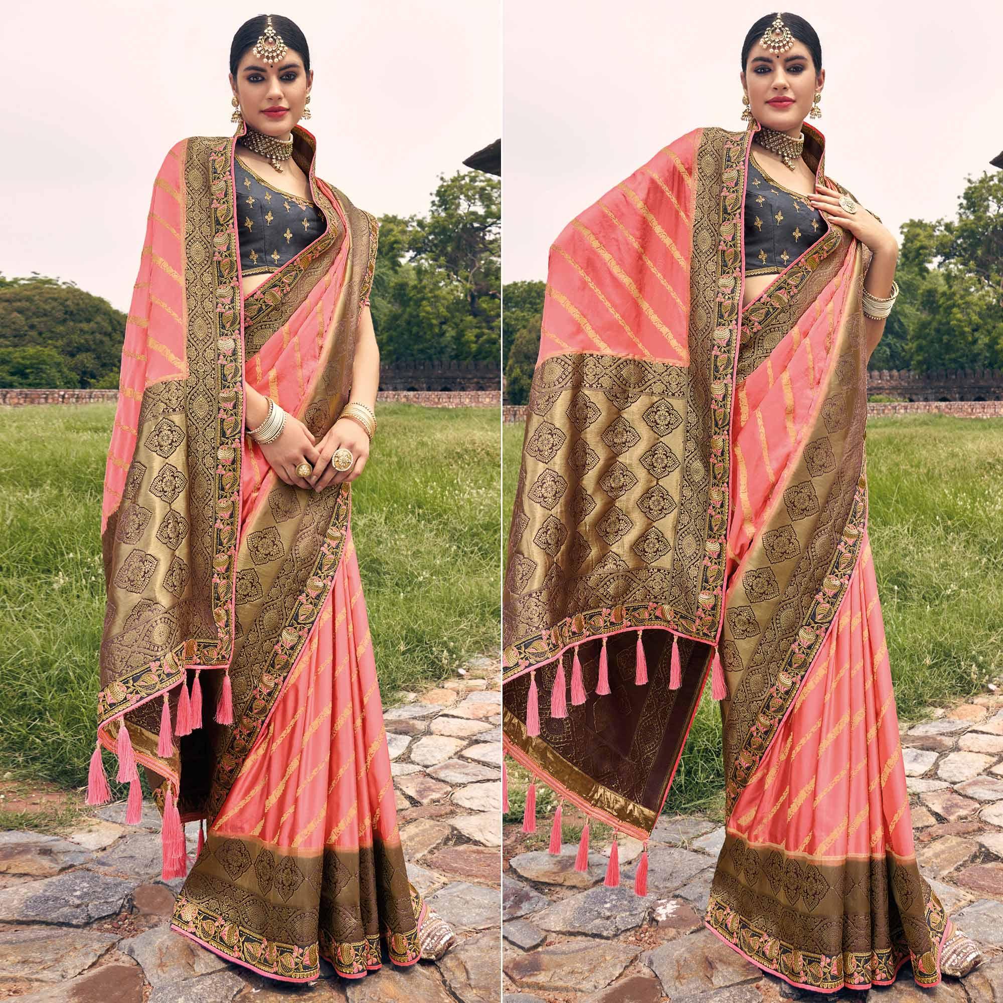Peach Woven Banarasi Silk Saree With Tassels - Peachmode