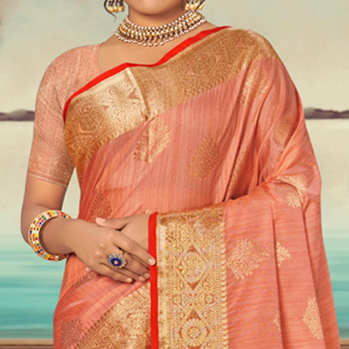 Peach Woven Banarasi Silk Saree With Tassels - Peachmode