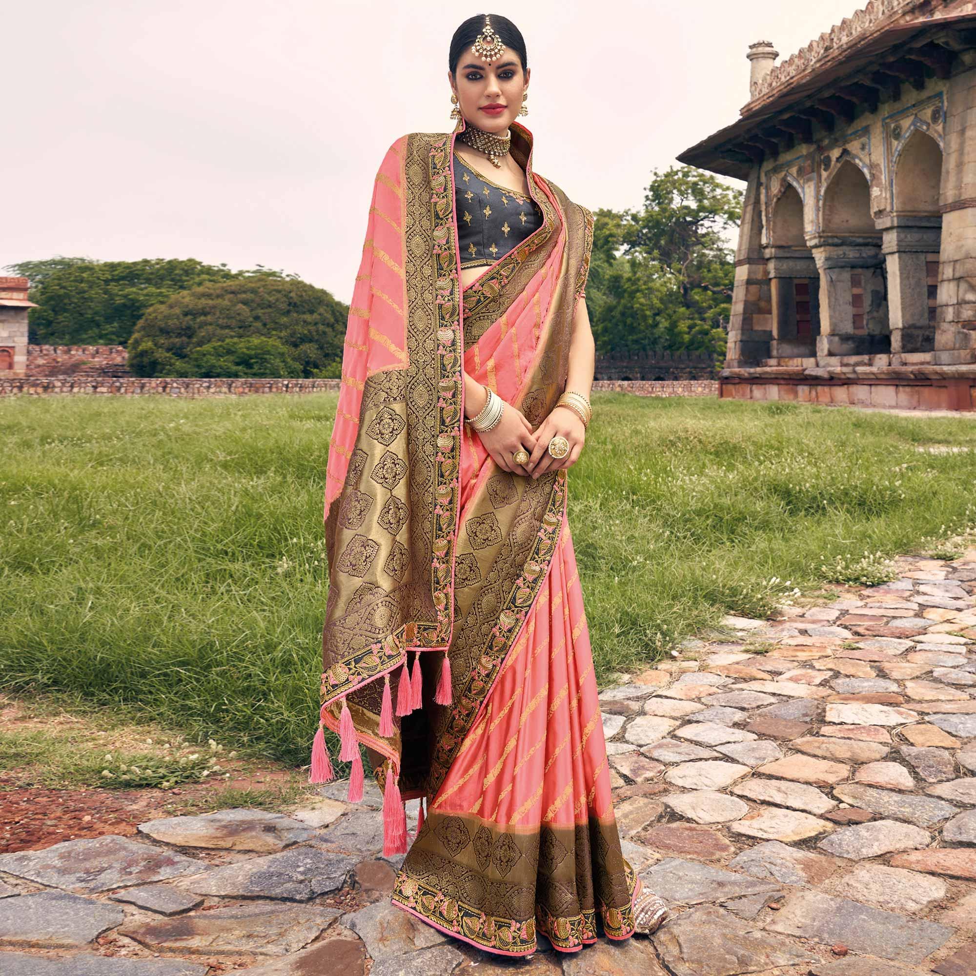 Peach Woven Banarasi Silk Saree With Tassels - Peachmode