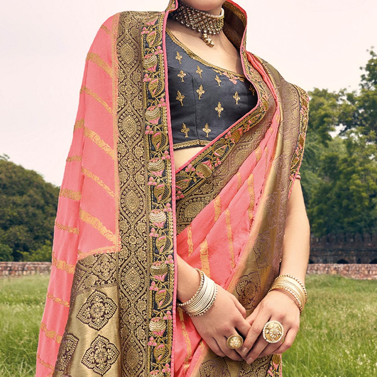 Peach Woven Banarasi Silk Saree With Tassels - Peachmode