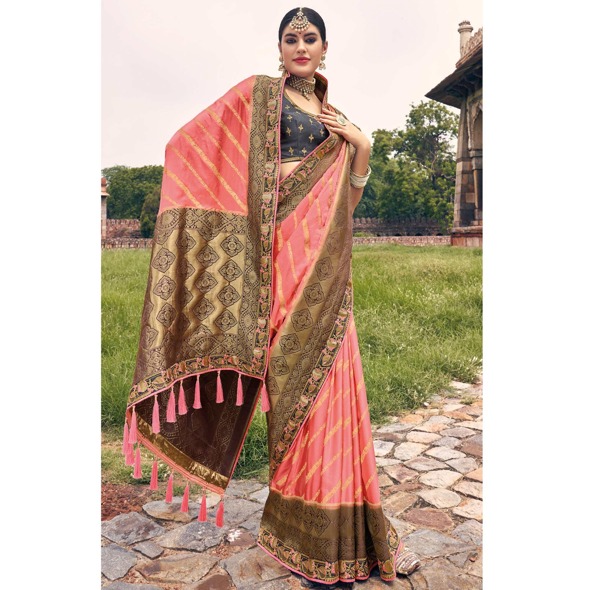 Peach Woven Banarasi Silk Saree With Tassels - Peachmode