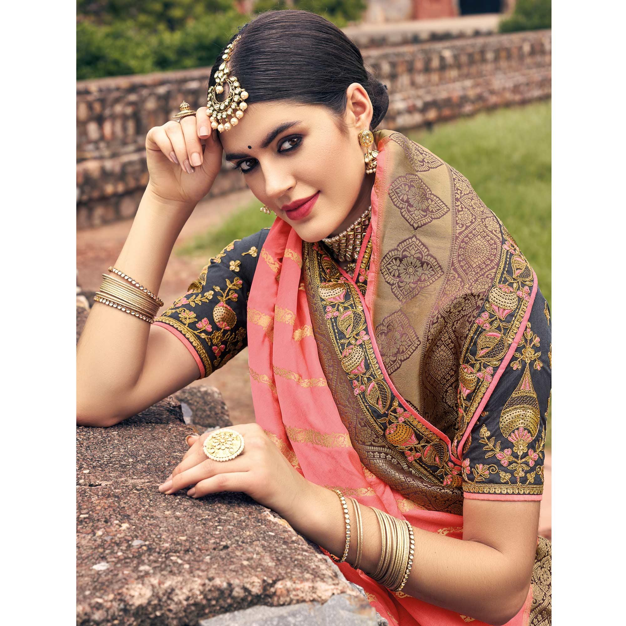 Peach Woven Banarasi Silk Saree With Tassels - Peachmode
