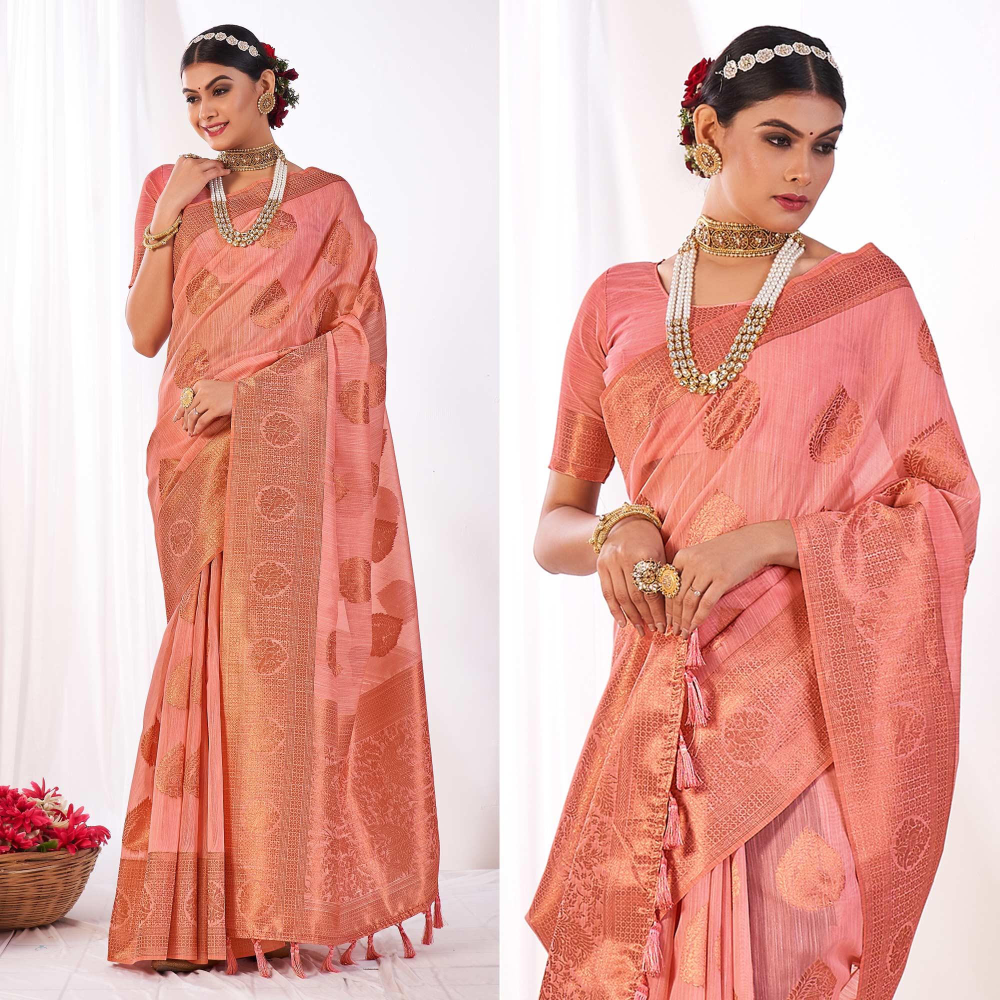 Peach Woven Banarasi Style Linen Saree - Peachmode