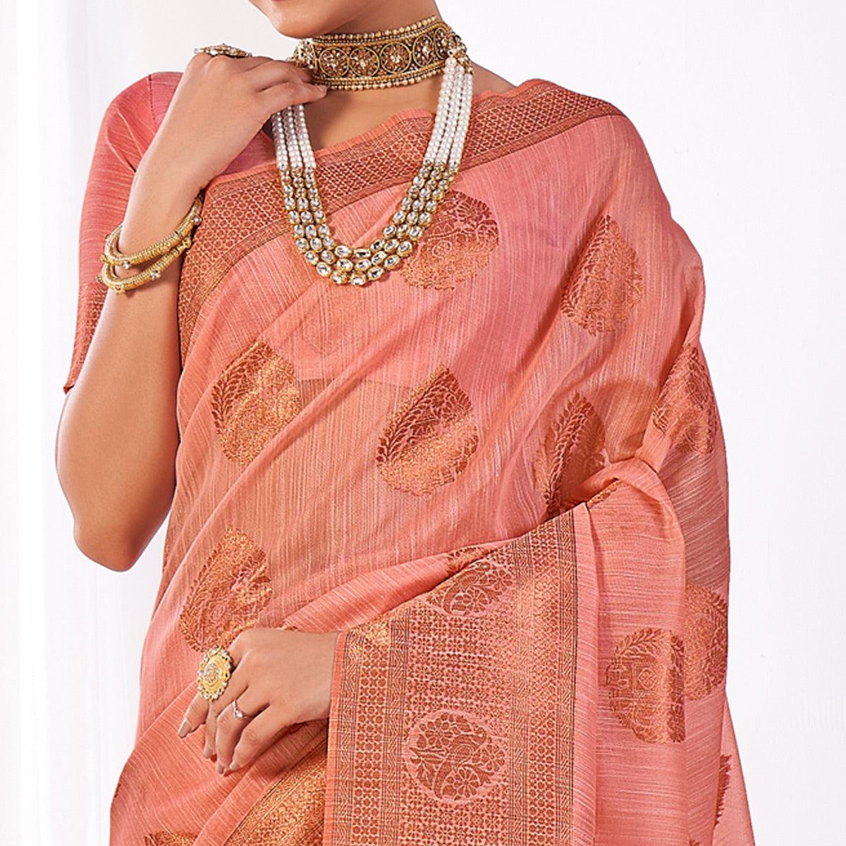 Peach Woven Banarasi Style Linen Saree - Peachmode