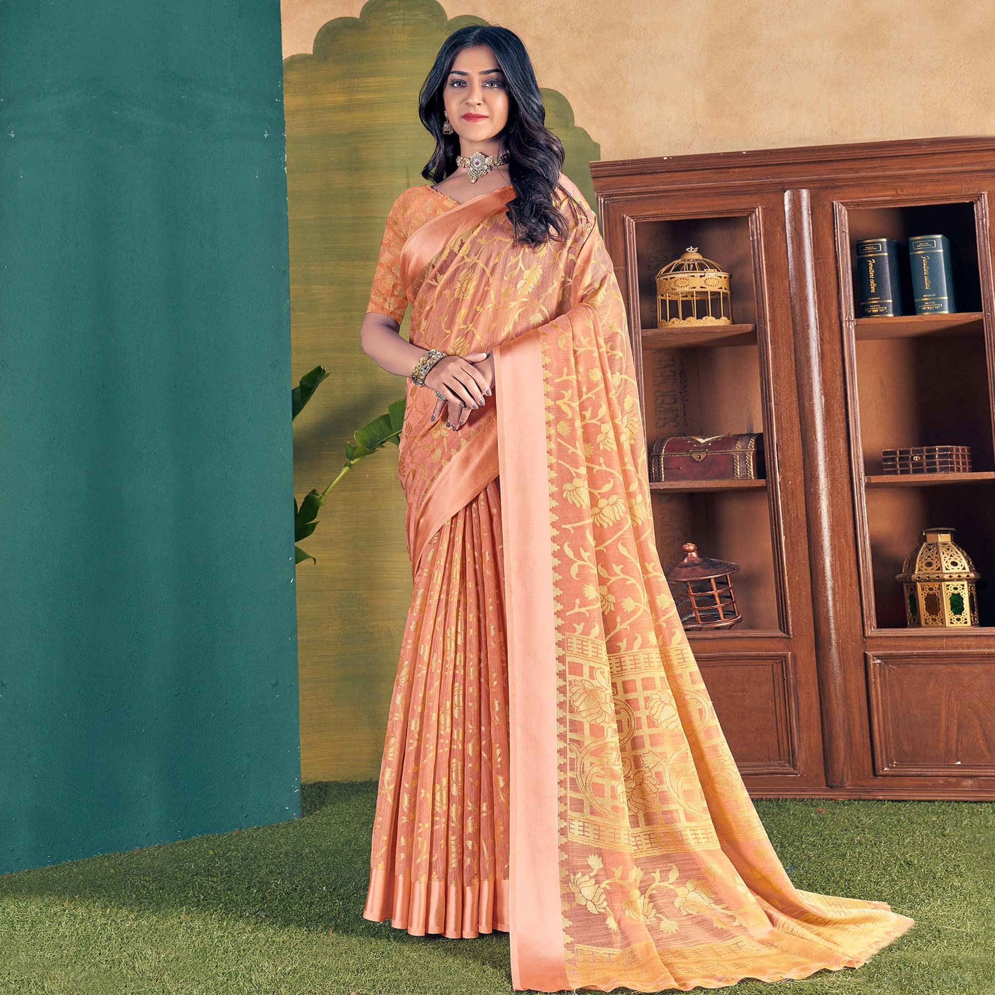 Peach Woven Brasso Saree - Peachmode