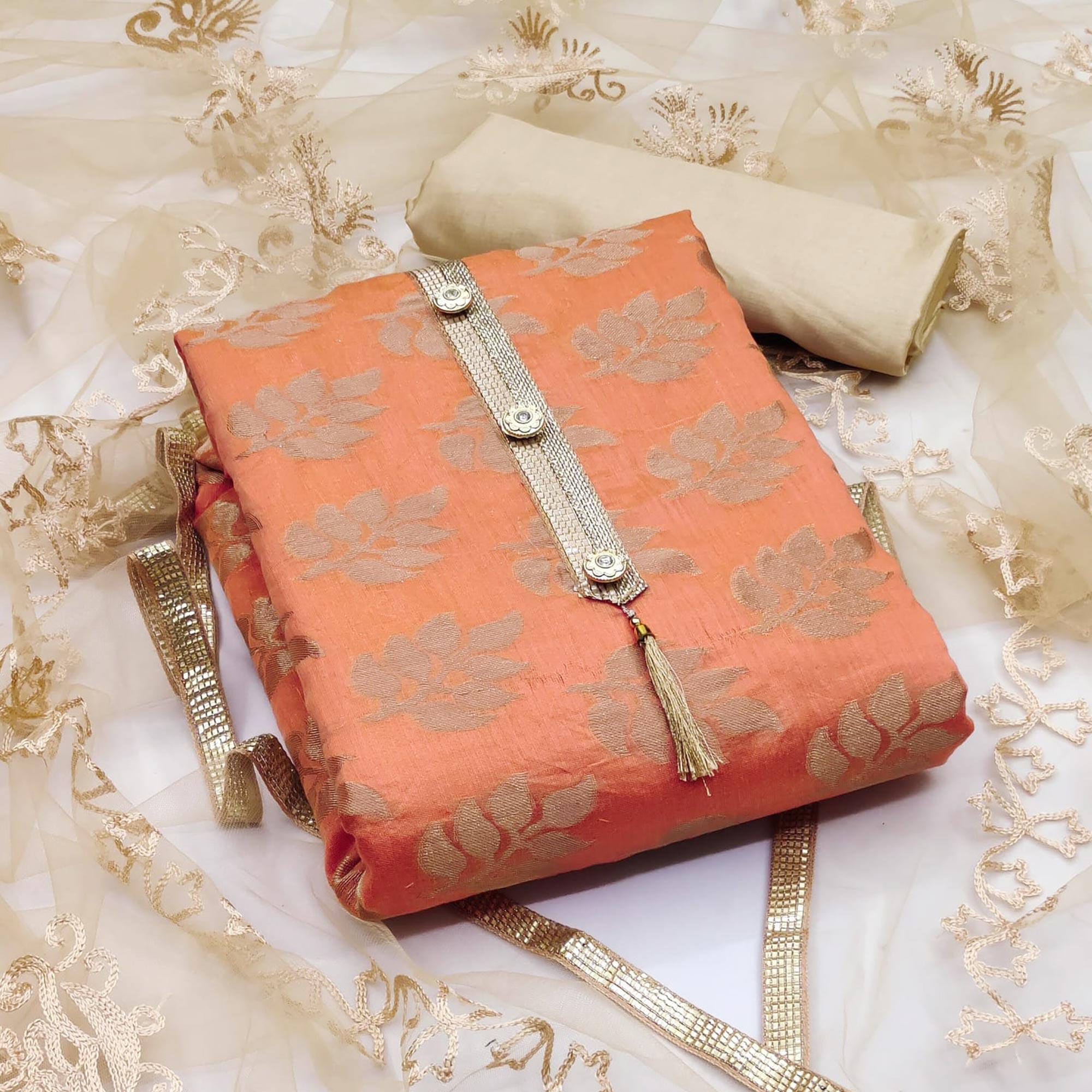 Peach Woven Chanderi Dress Material - Peachmode