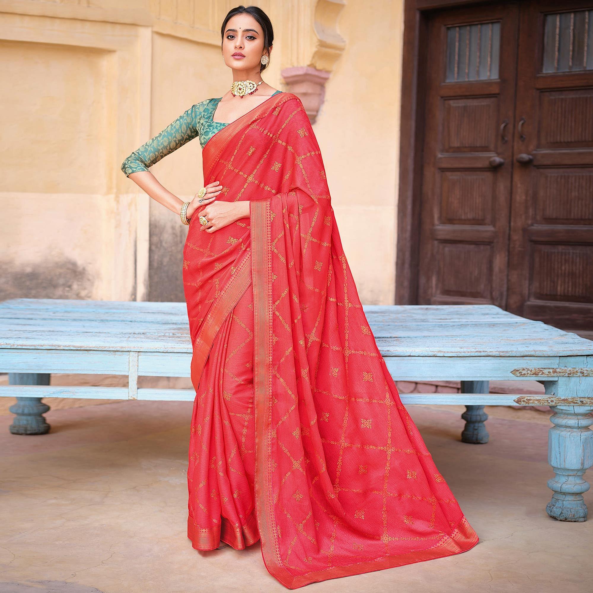 Peach Woven Chiffon Saree - Peachmode