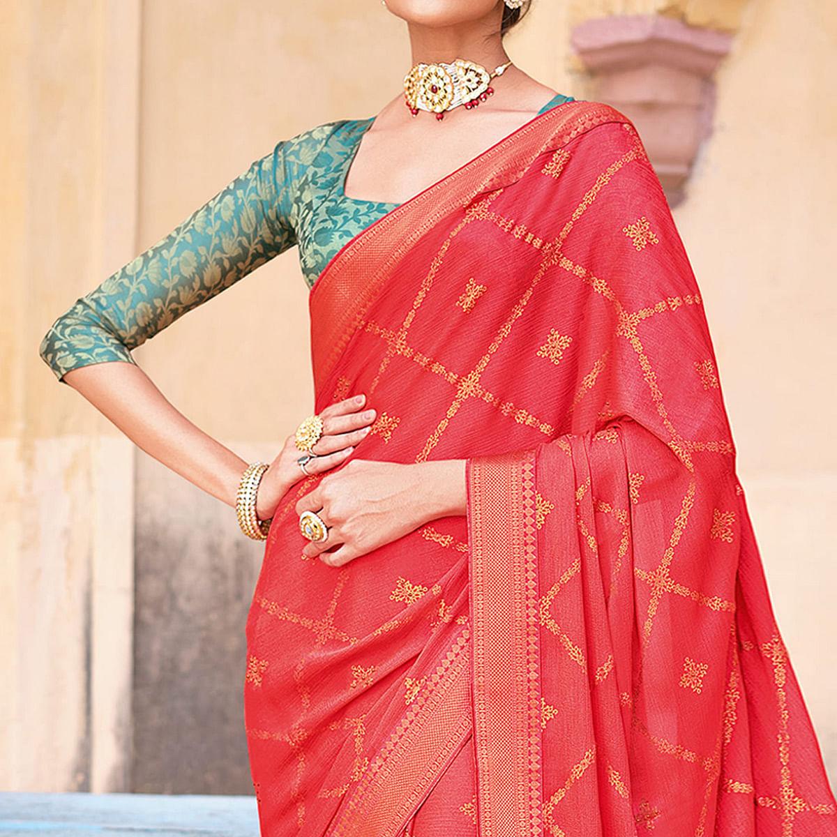 Peach Woven Chiffon Saree - Peachmode
