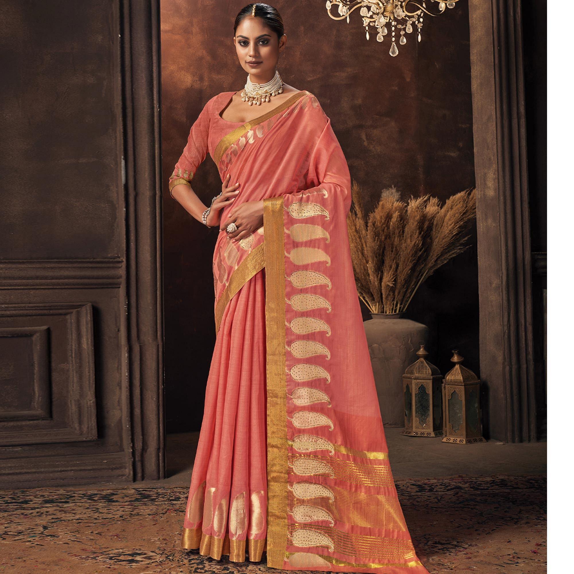Peach Woven Cotton Saree - Peachmode