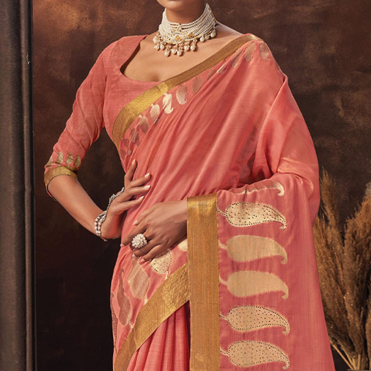 Peach Woven Cotton Saree - Peachmode