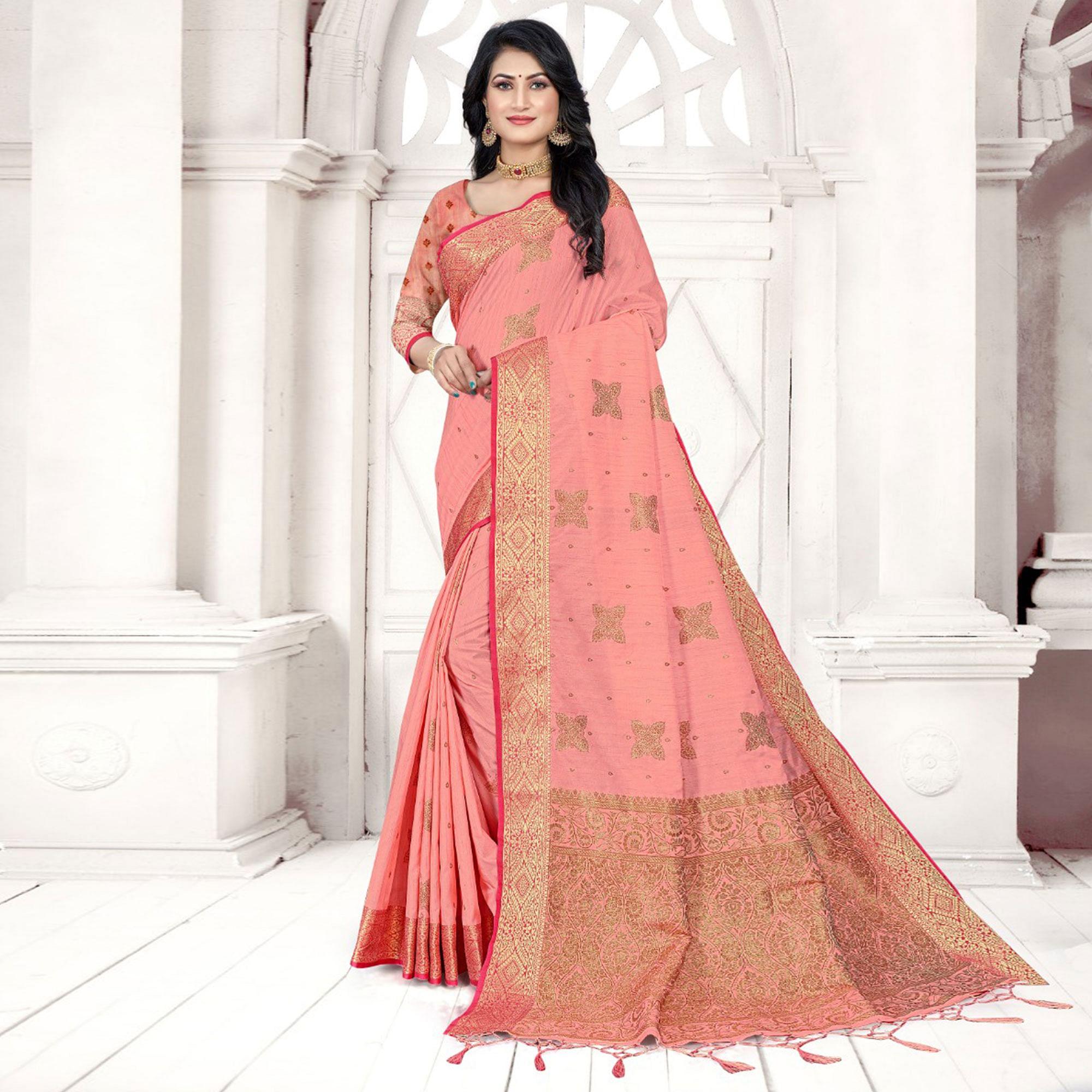 Peach Woven Cotton Silk Saree - Peachmode