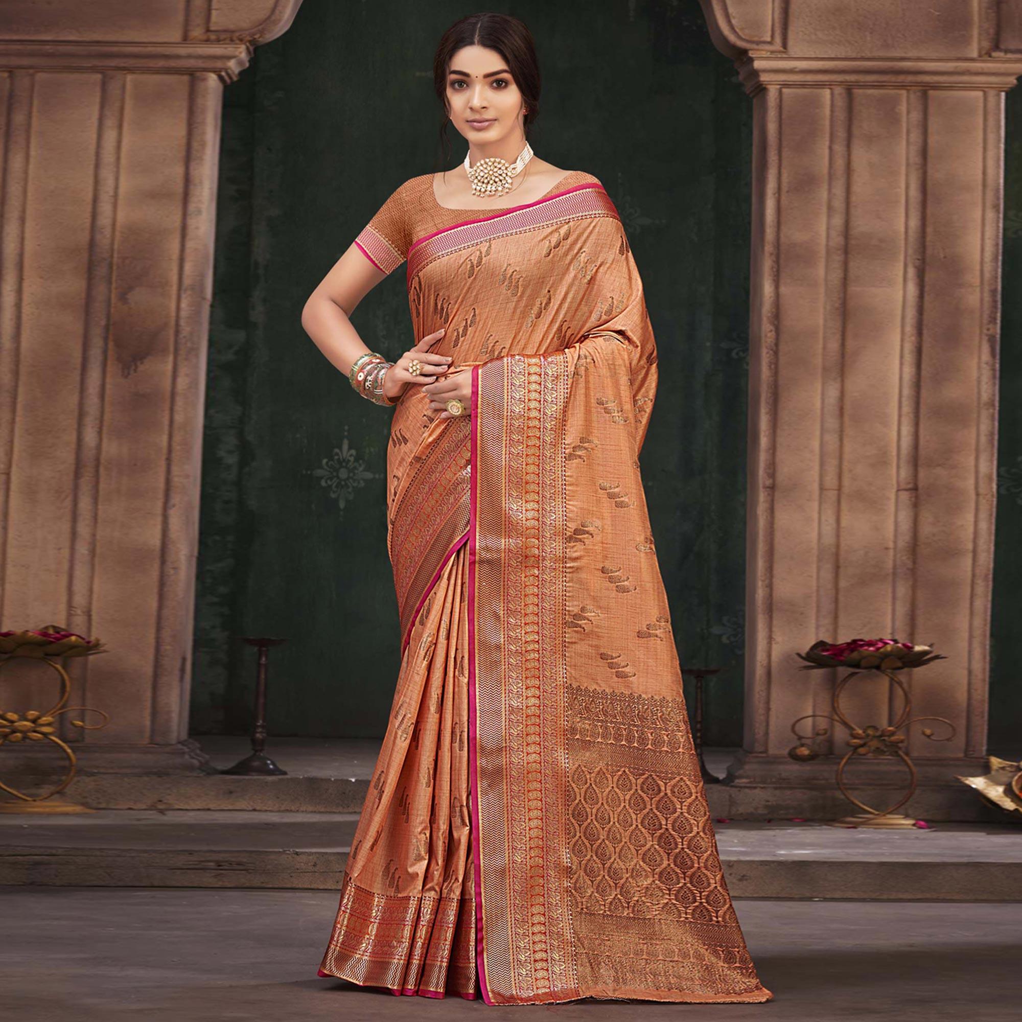 Peach Woven Cotton Silk Saree - Peachmode