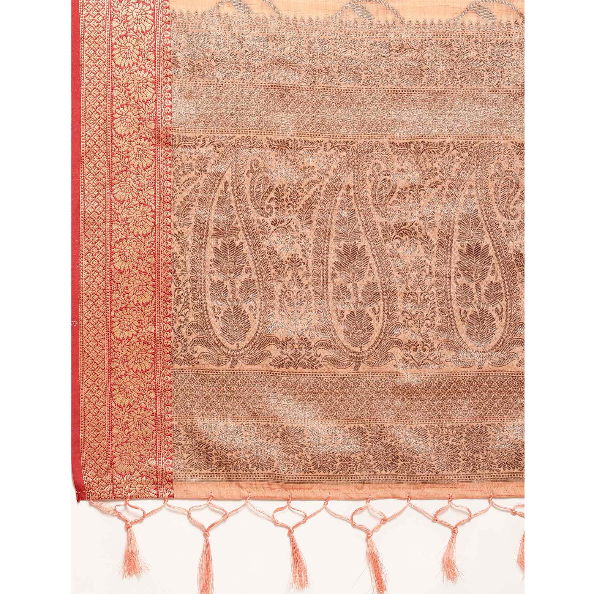 Peach Woven Cotton Silk Saree With Tassels - Peachmode