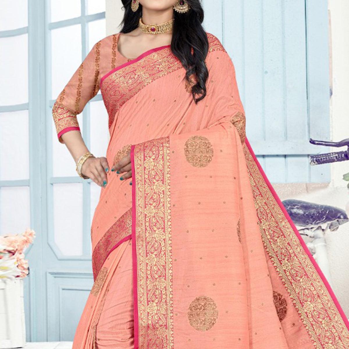 Peach Woven Cotton Silk Saree With Tassels - Peachmode