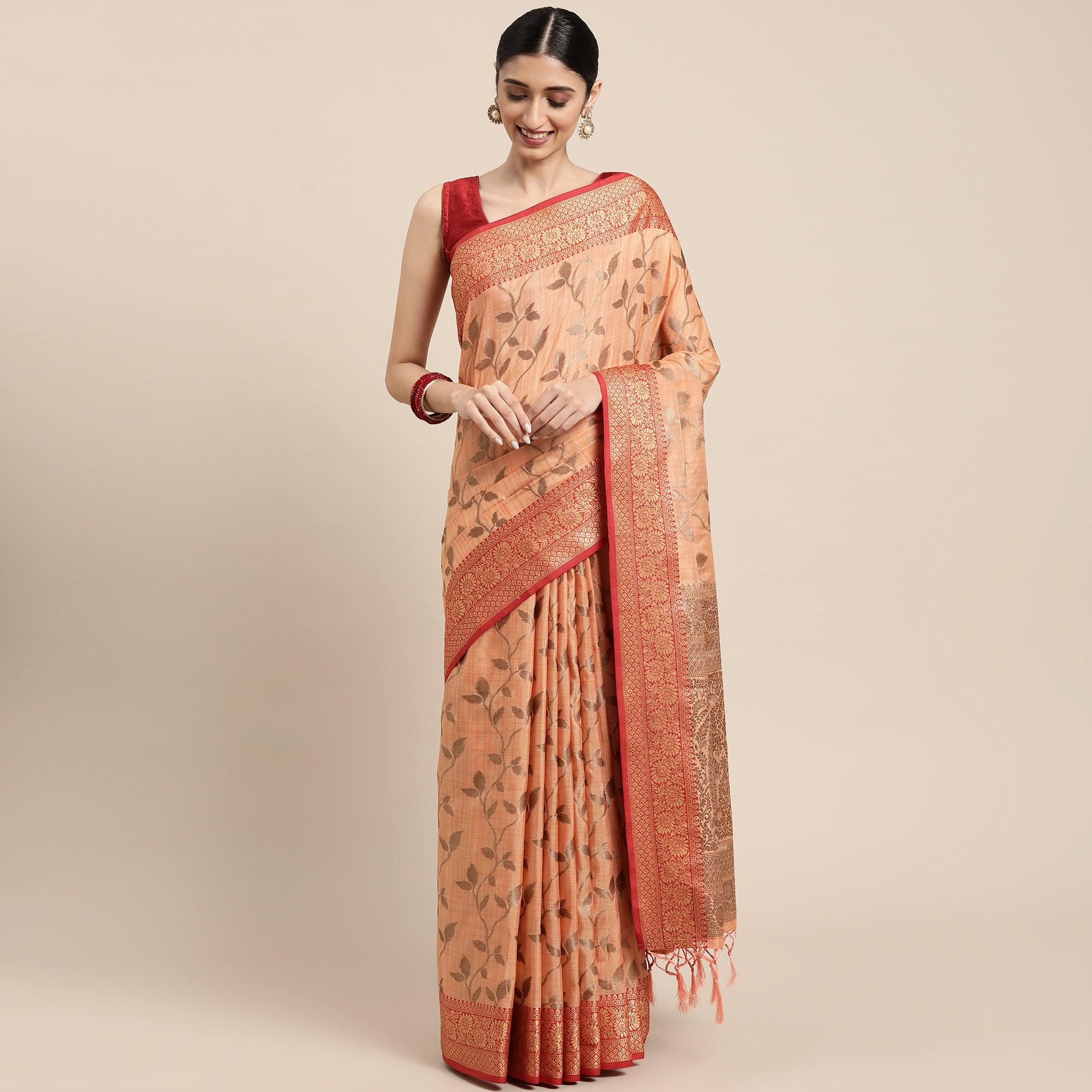 Peach Woven Cotton Silk Saree With Tassels - Peachmode
