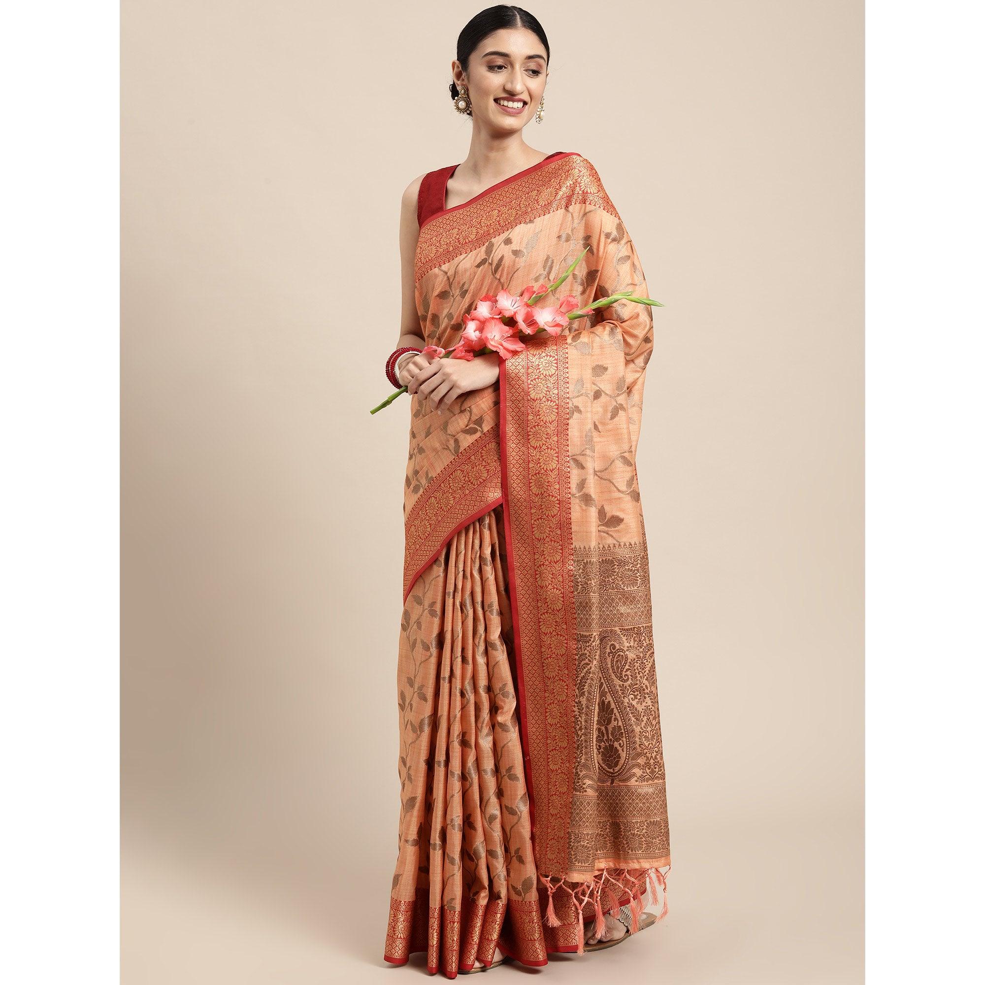 Peach Woven Cotton Silk Saree With Tassels - Peachmode